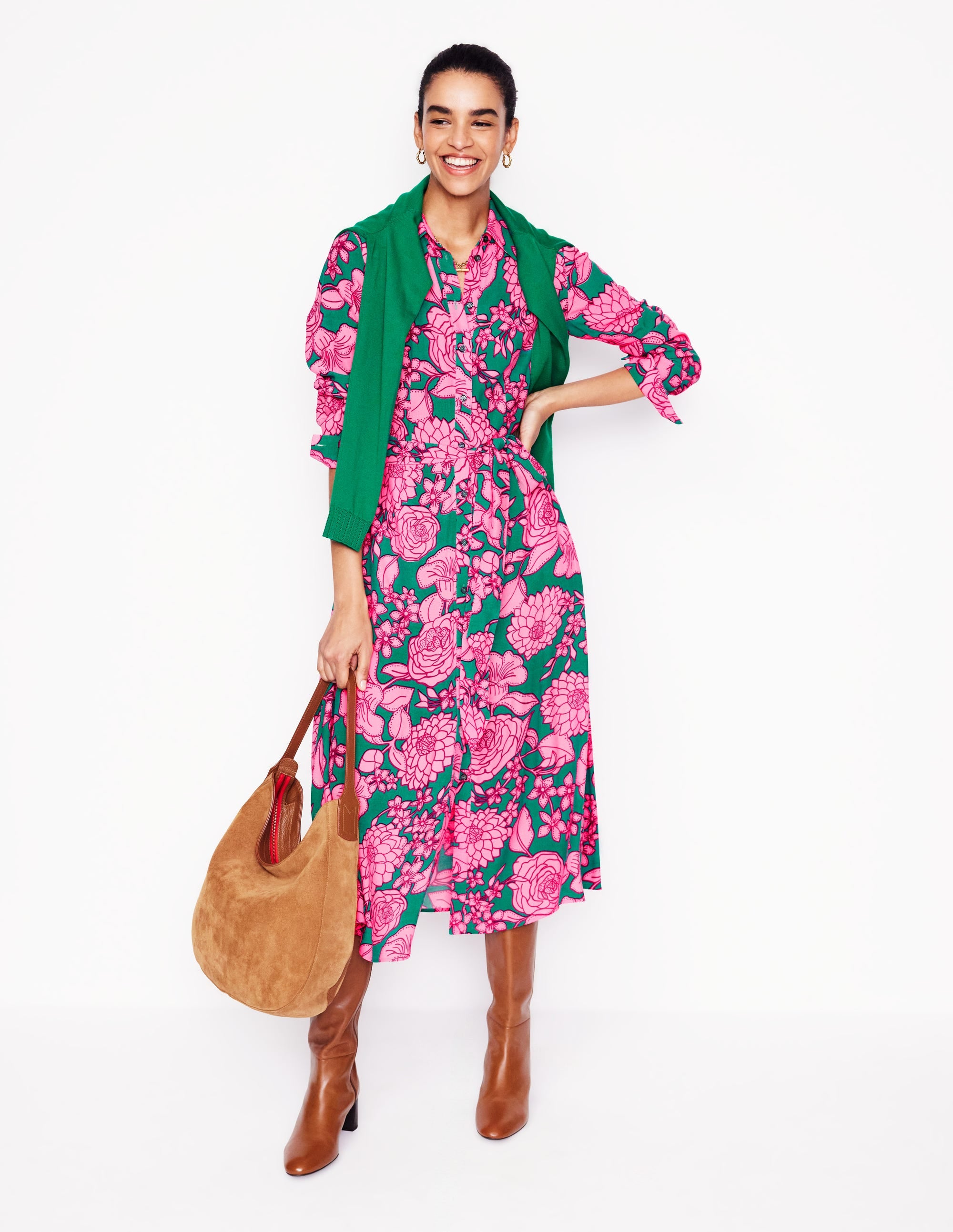 Kate Midi Shirt Dress-Green, Blossom Cascade - Image 4