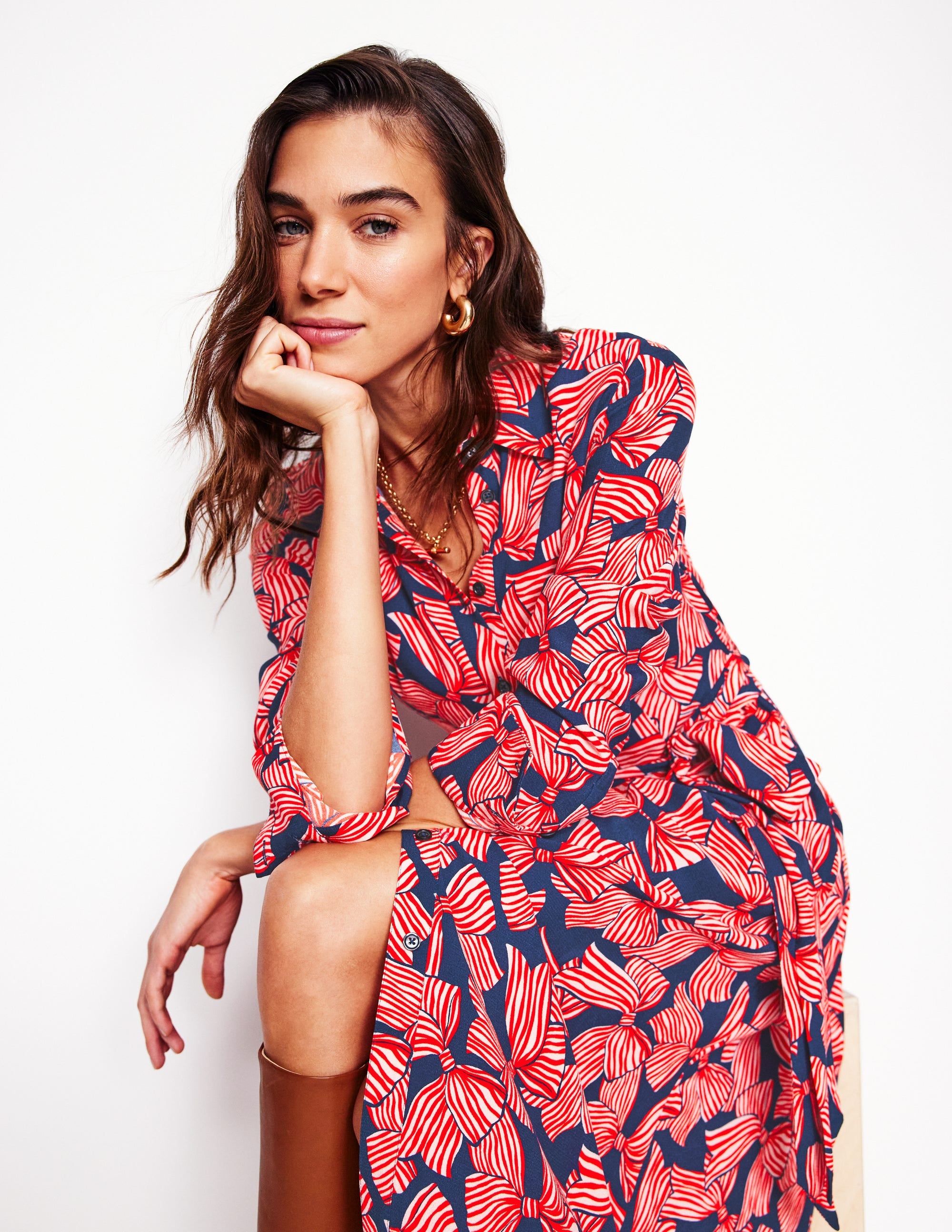 Kate Midi Shirt Dress-French Navy, Bow Scatter - Image 1