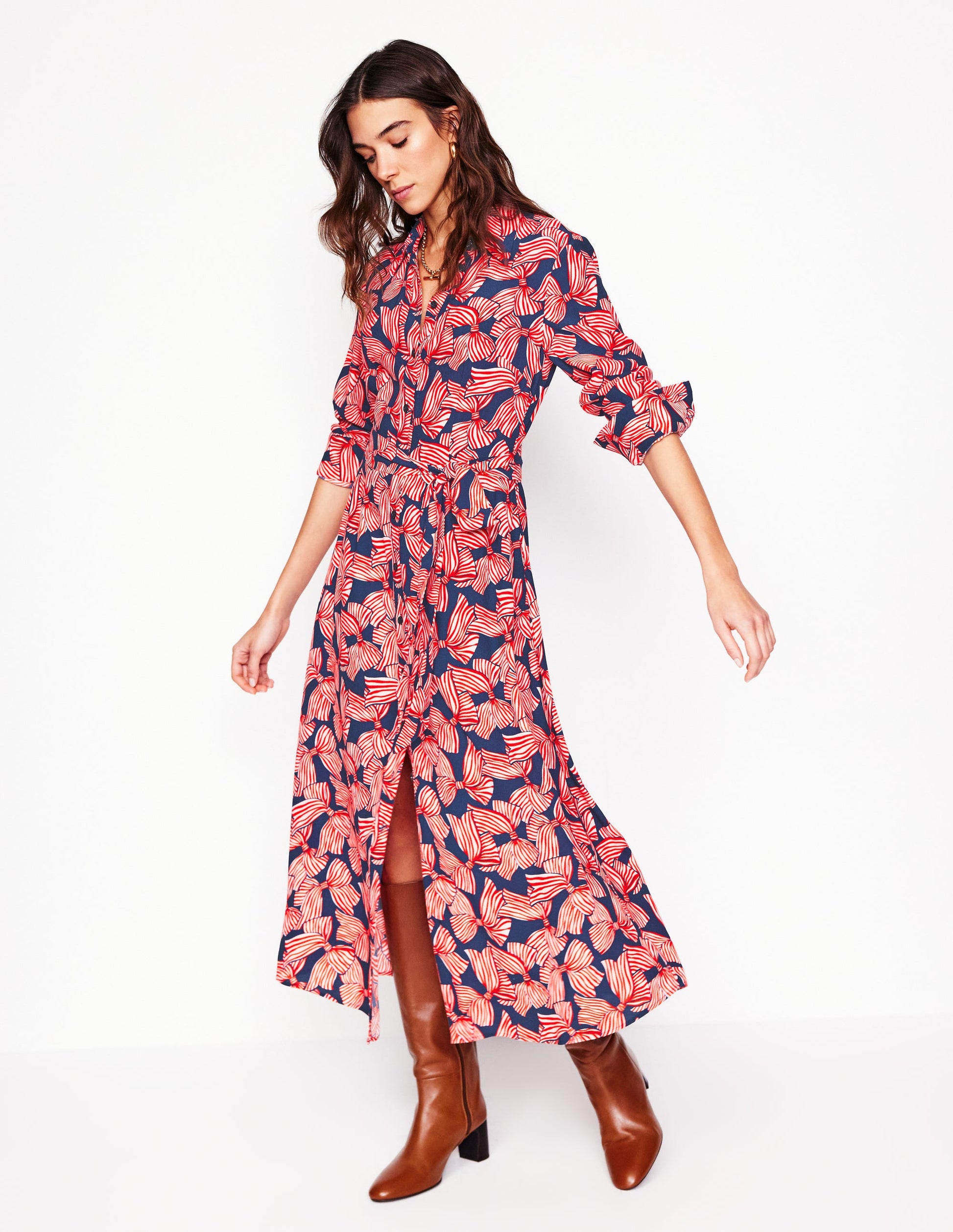 Kate Midi Shirt Dress-French Navy, Bow Scatter-2