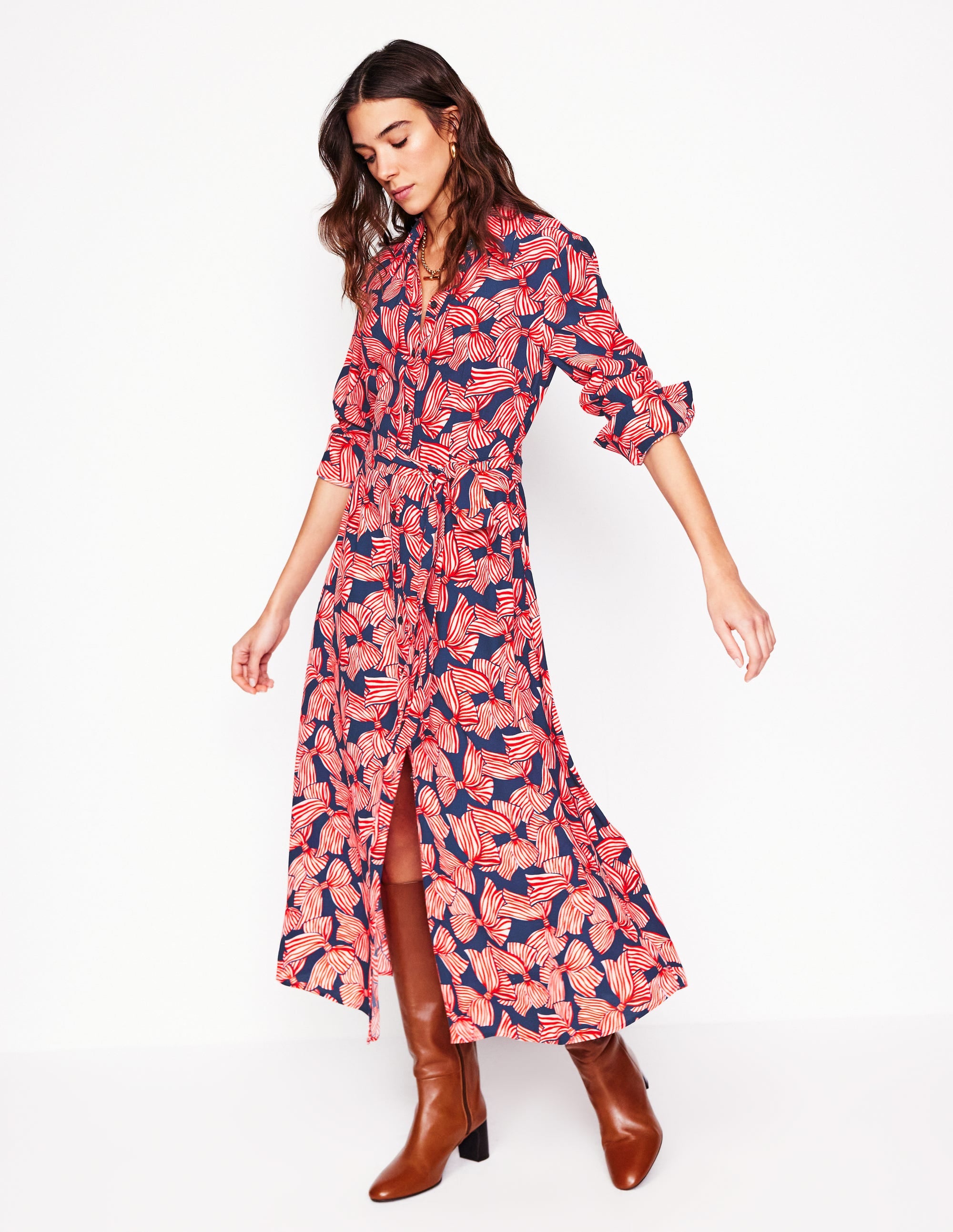 Kate Midi Shirt Dress-French Navy, Bow Scatter - Image 2