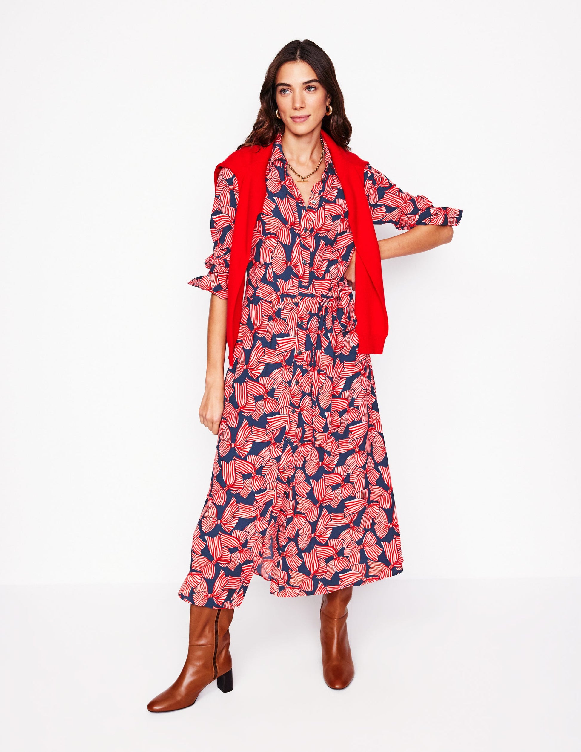 Kate Midi Shirt Dress-French Navy, Bow Scatter-4