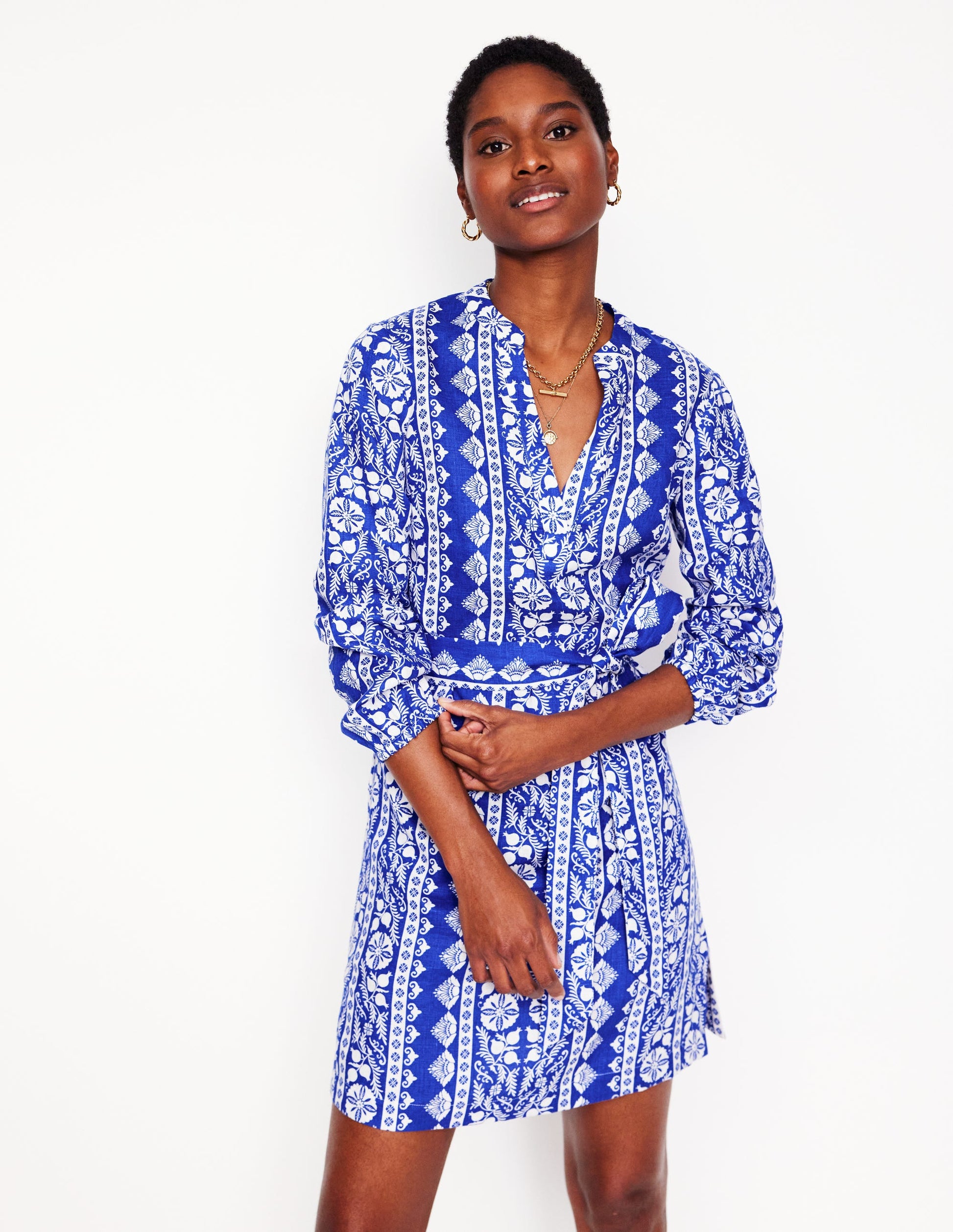 Cleo Linen Tie Waist Dress-Bright Blue, Ornate Border | Boden UK Cleo Linen Tie Waist Dress-Bright Blue, Ornate Border | Boden UK
