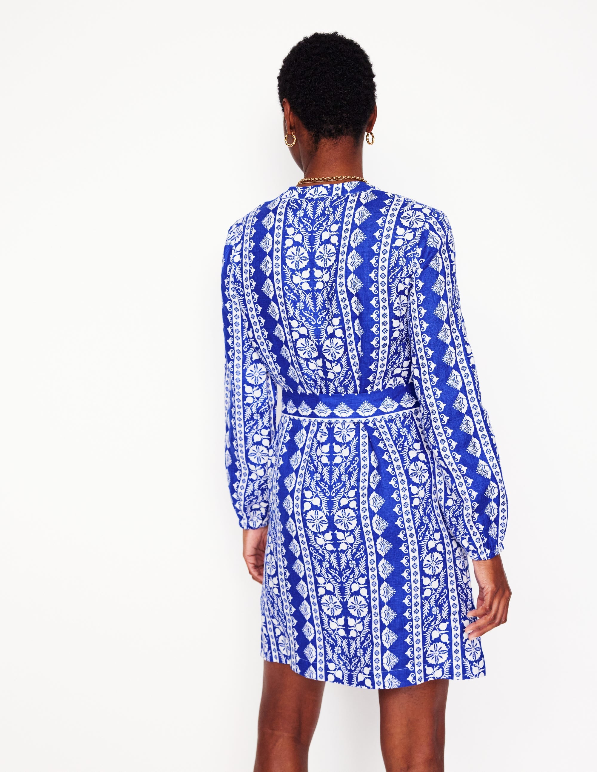 Cleo Linen Tie Waist Dress-Bright Blue, Ornate Border - Image 4