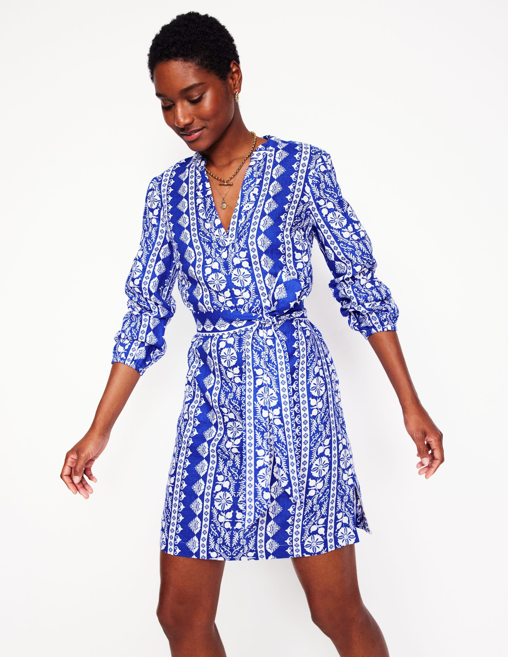 Cleo Linen Tie Waist Dress-Bright Blue, Ornate Border - Image 5