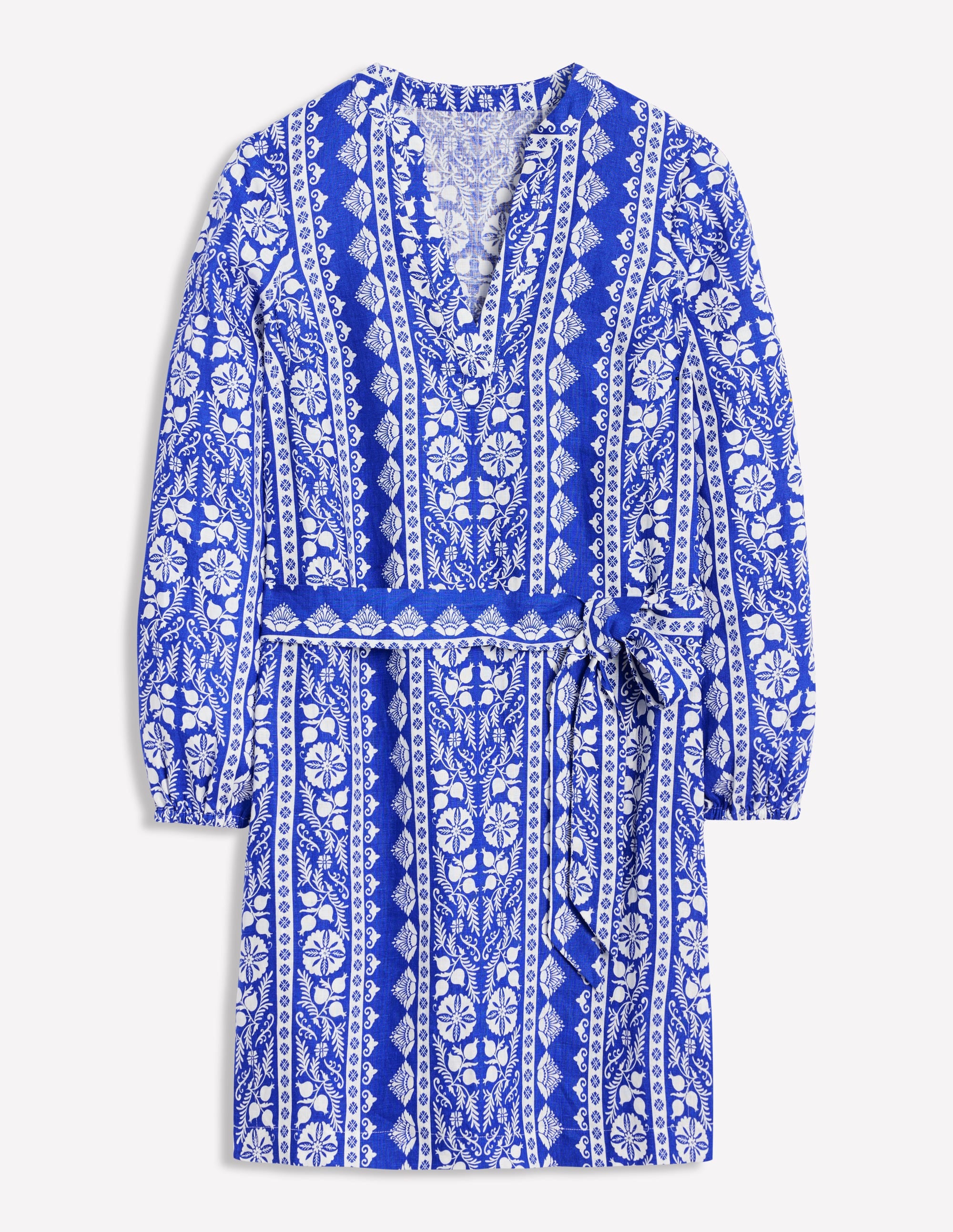 Cleo Linen Tie Waist Dress-Bright Blue, Ornate Border - Image 6
