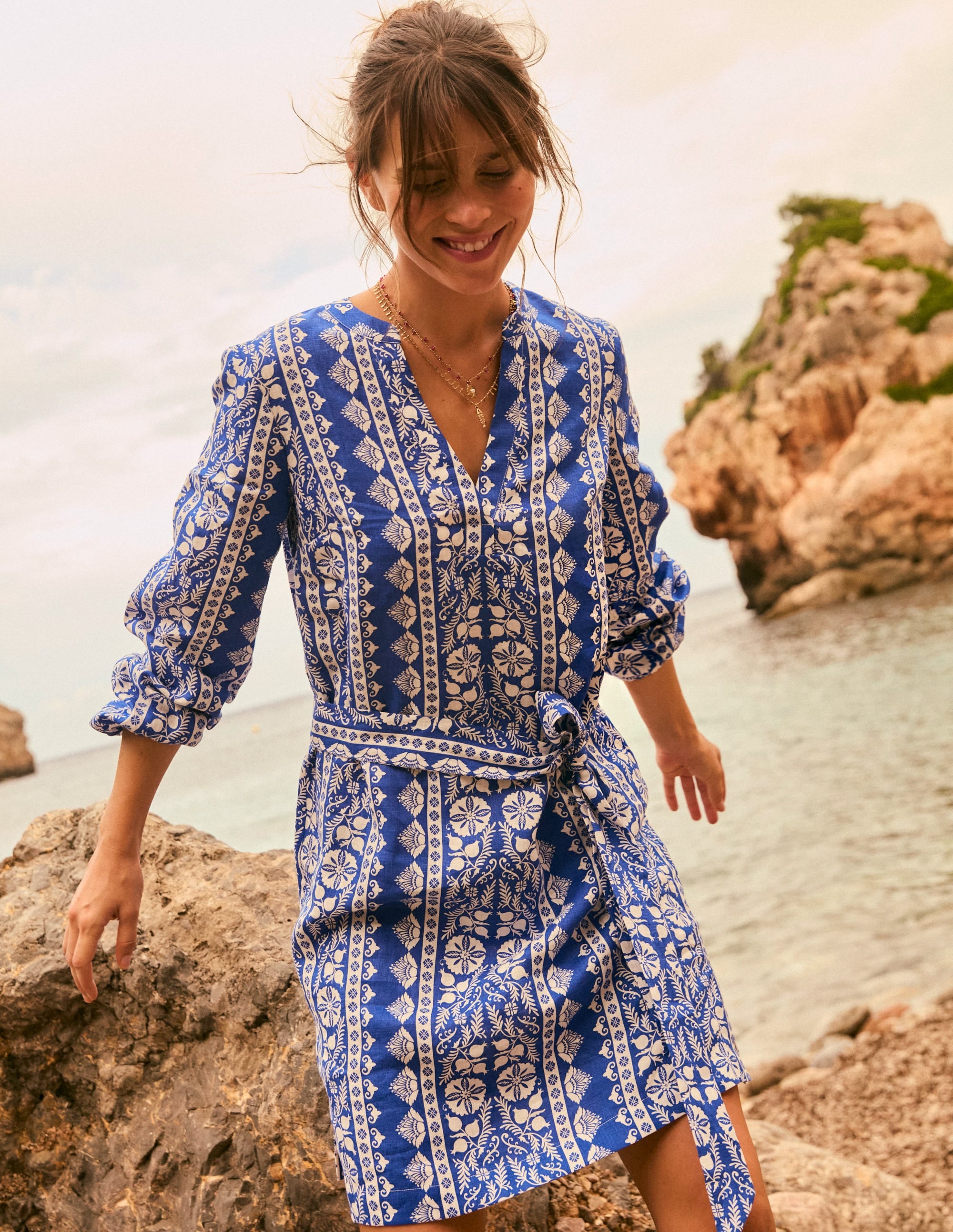 Cleo Linen Tie Waist Dress-Bright Blue, Ornate Border - Image 2
