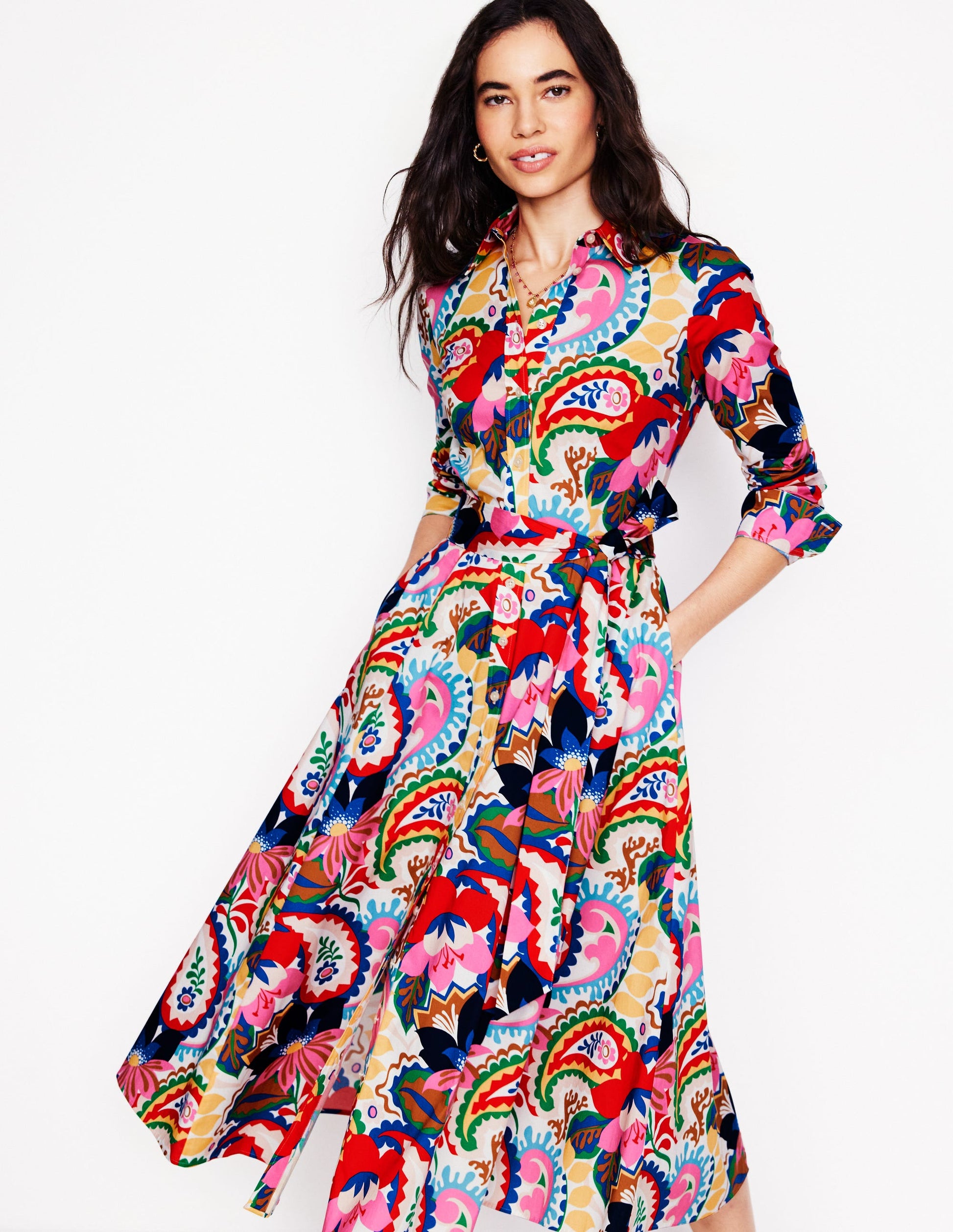 Amy Cotton Midi Shirt Dress-Ivory, Botanical Paisley Boden UK
