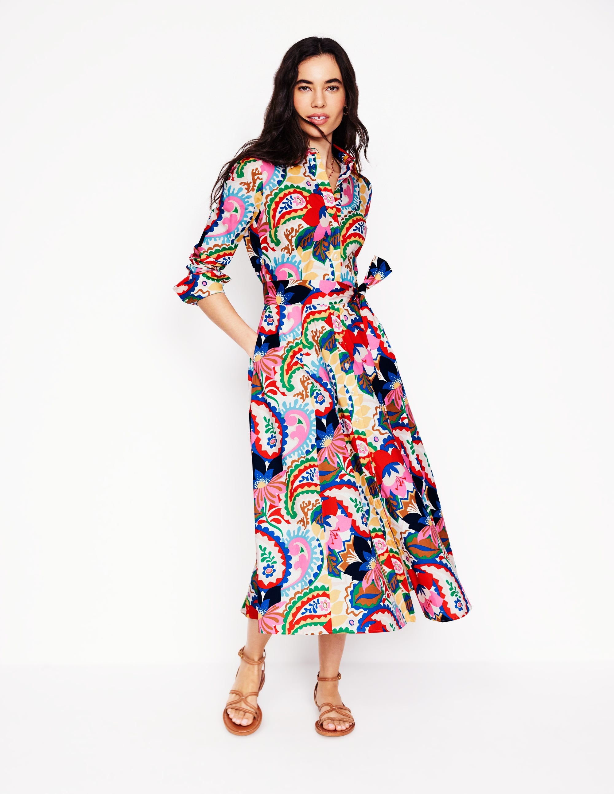 Amy Cotton Midi Shirt Dress-Ivory, Botanical Paisley - Image 5