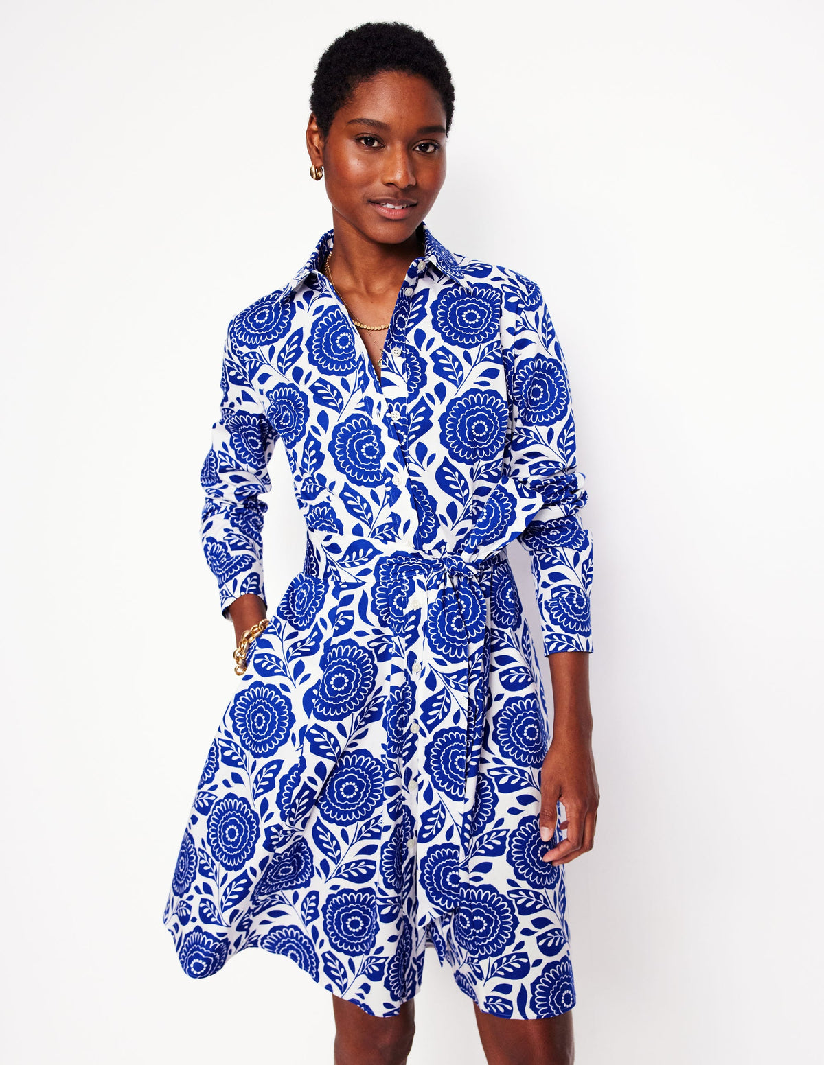 Amy Cotton Short Shirt Dress-Bright Blue, Dahlia Stamp - Image 1