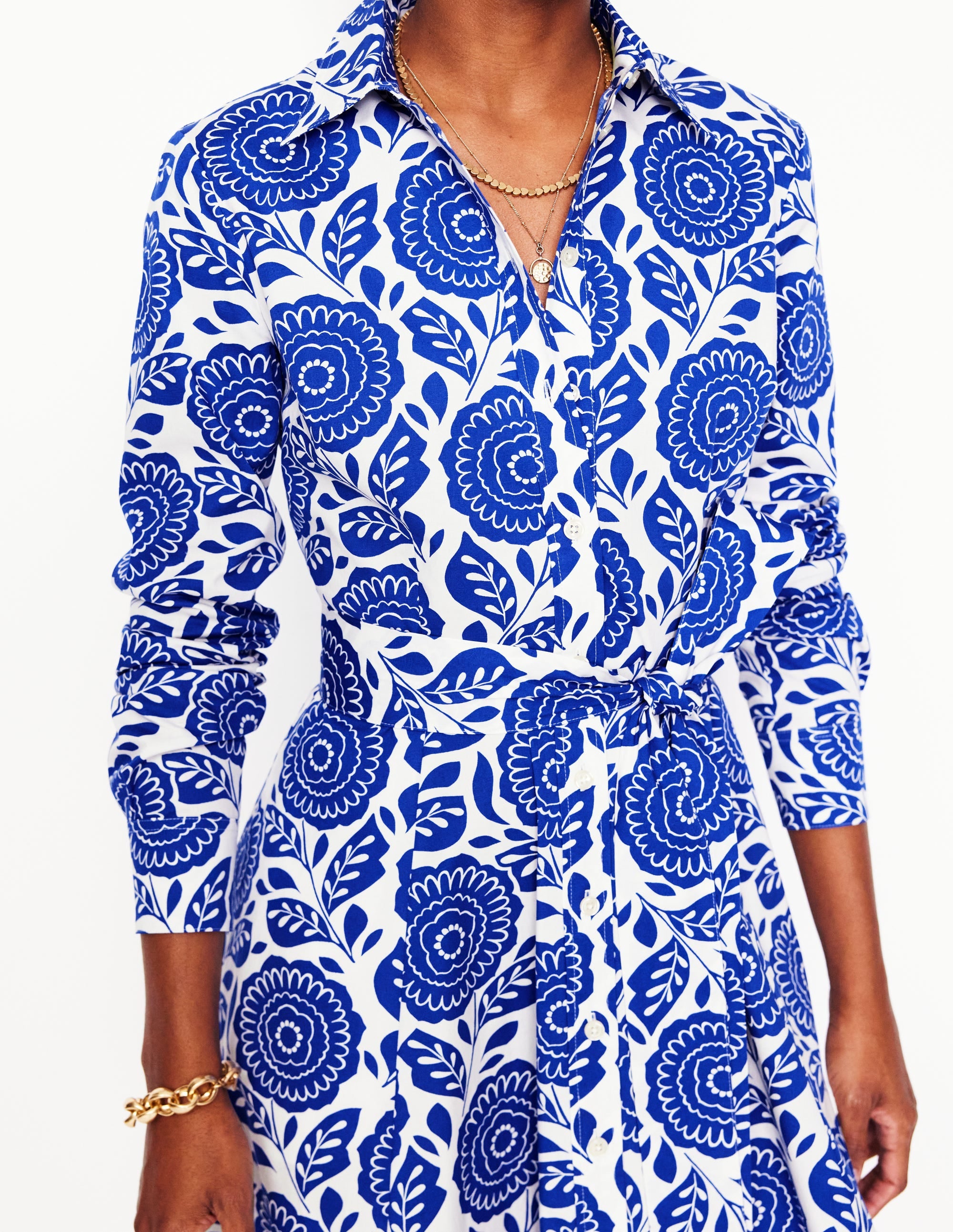 Amy Cotton Short Shirt Dress-Bright Blue, Dahlia Stamp - Image 2