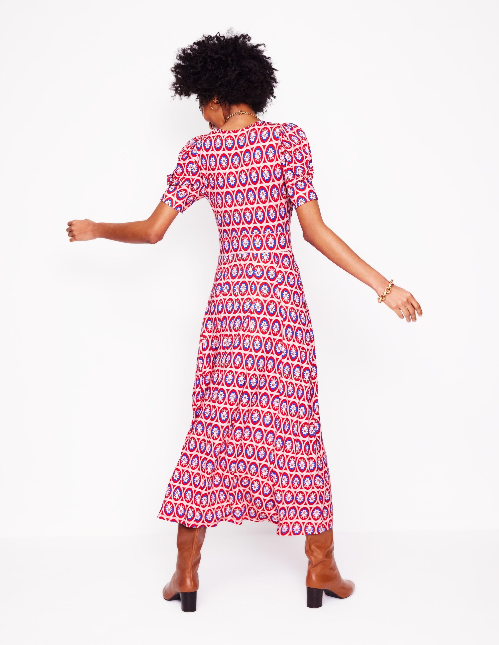 Kristen Pleated Jersey Dress-High Risk Red, Ornate Blossom - Image 3