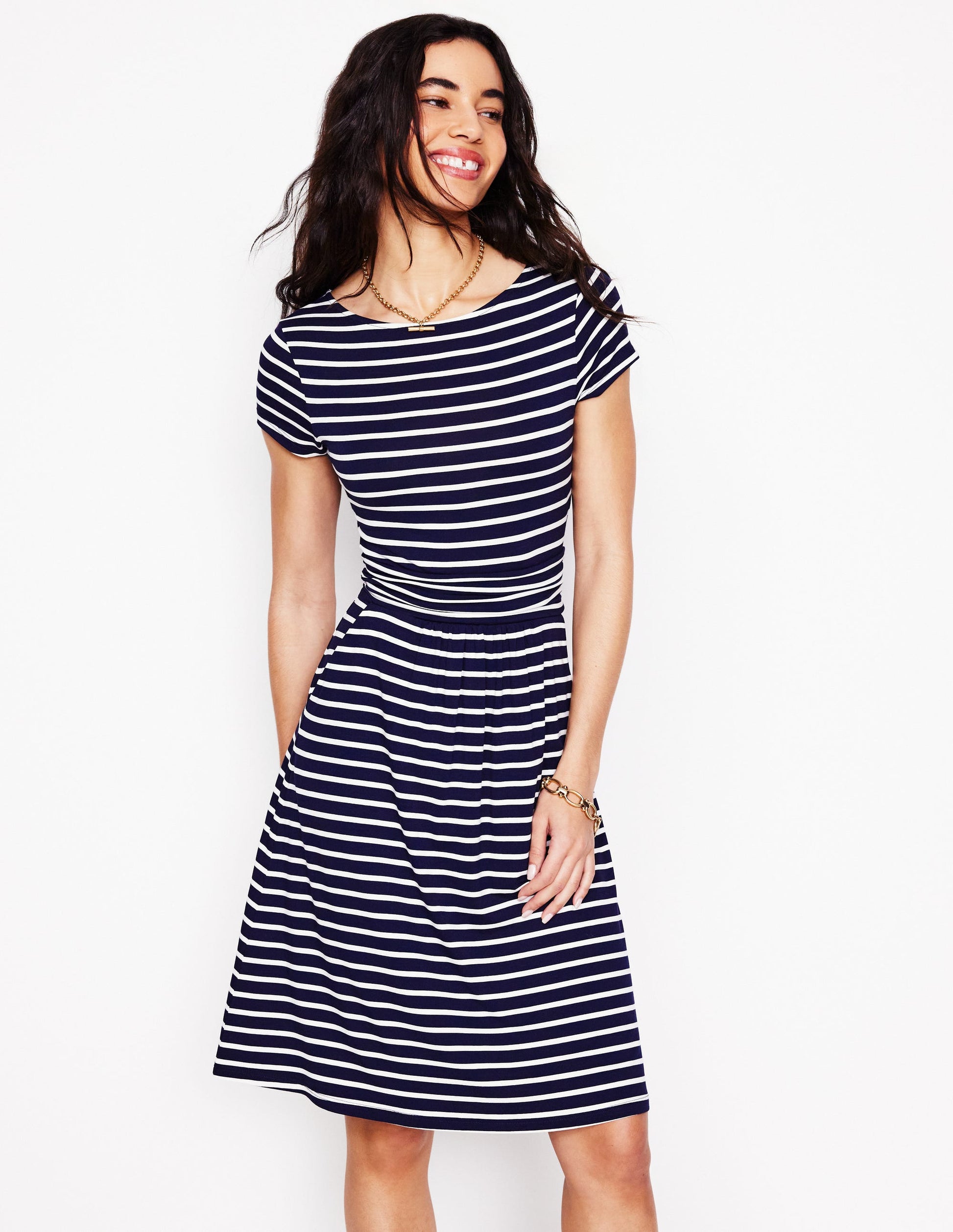 Amelie Sleeveless Jersey Dress-Navy, Ivory Stripe | Boden AU Amelie Sleeveless Jersey Dress-Navy, Ivory Stripe | Boden AU