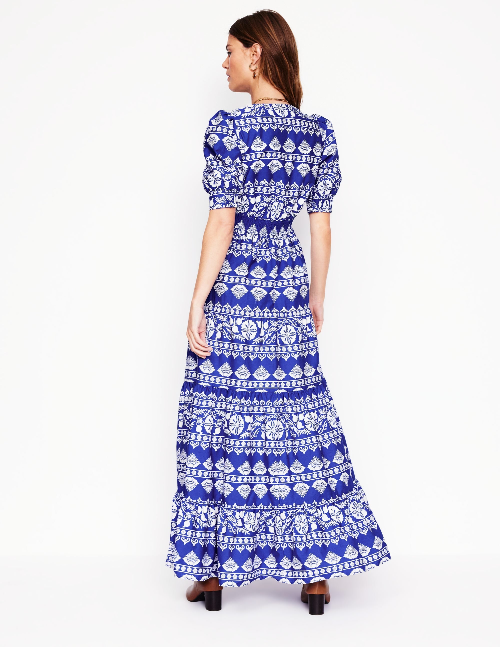 Bella Puff Sleeve Maxi Dress-Bright Blue, Ornate Border - Image 3