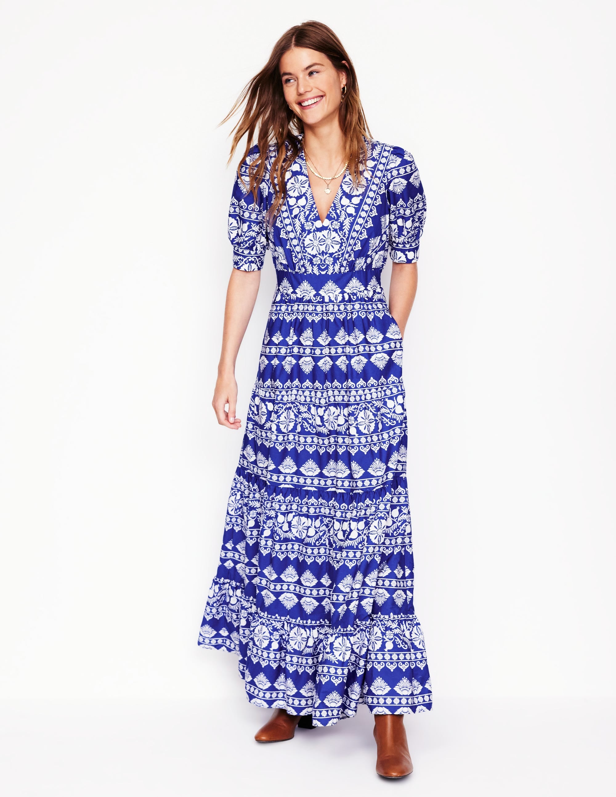 Bella Puff Sleeve Maxi Dress-Bright Blue, Ornate Border - Image 4