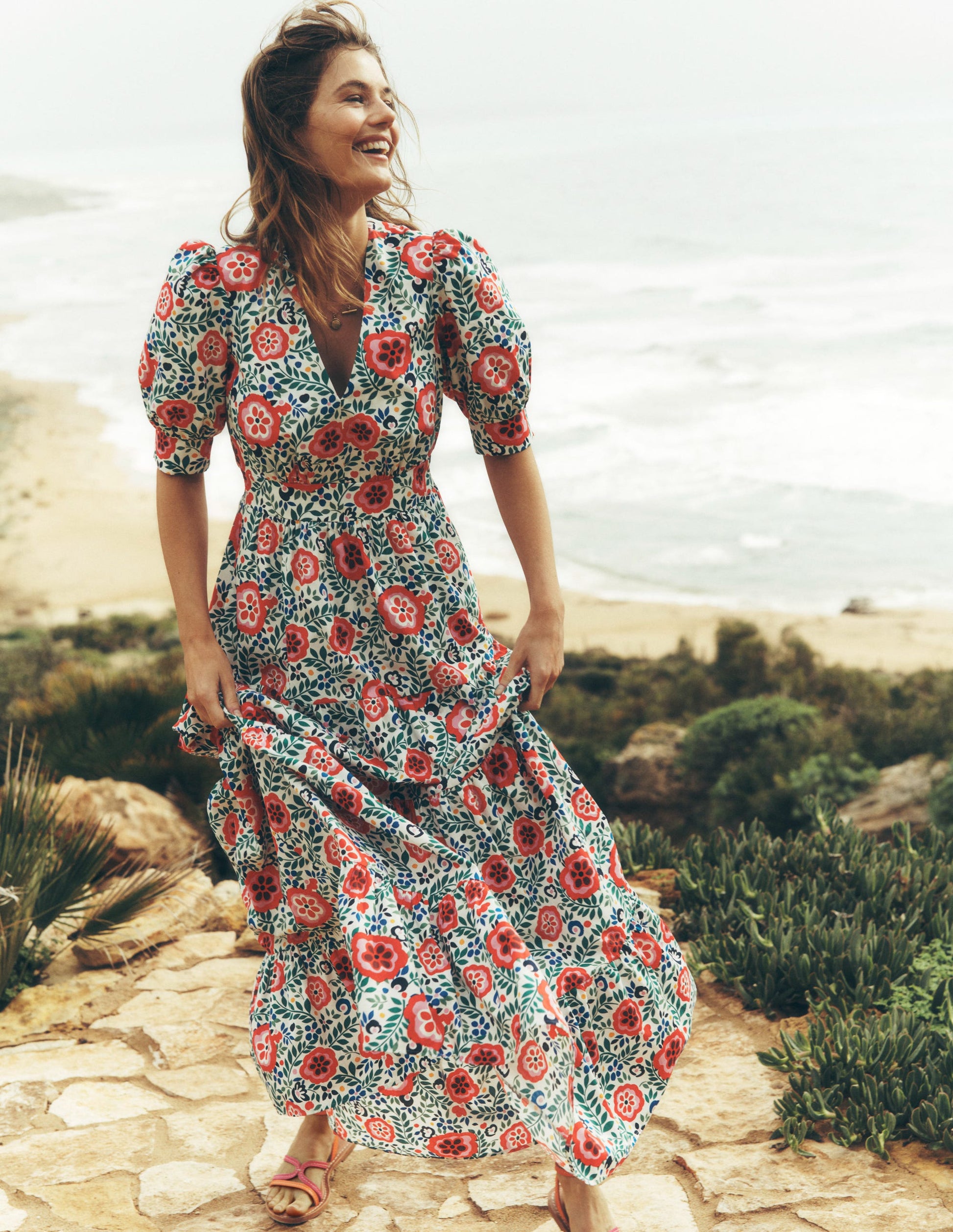 Bella Puff Sleeve Maxi Dress-Multi, Foliage Scatter Boden UK