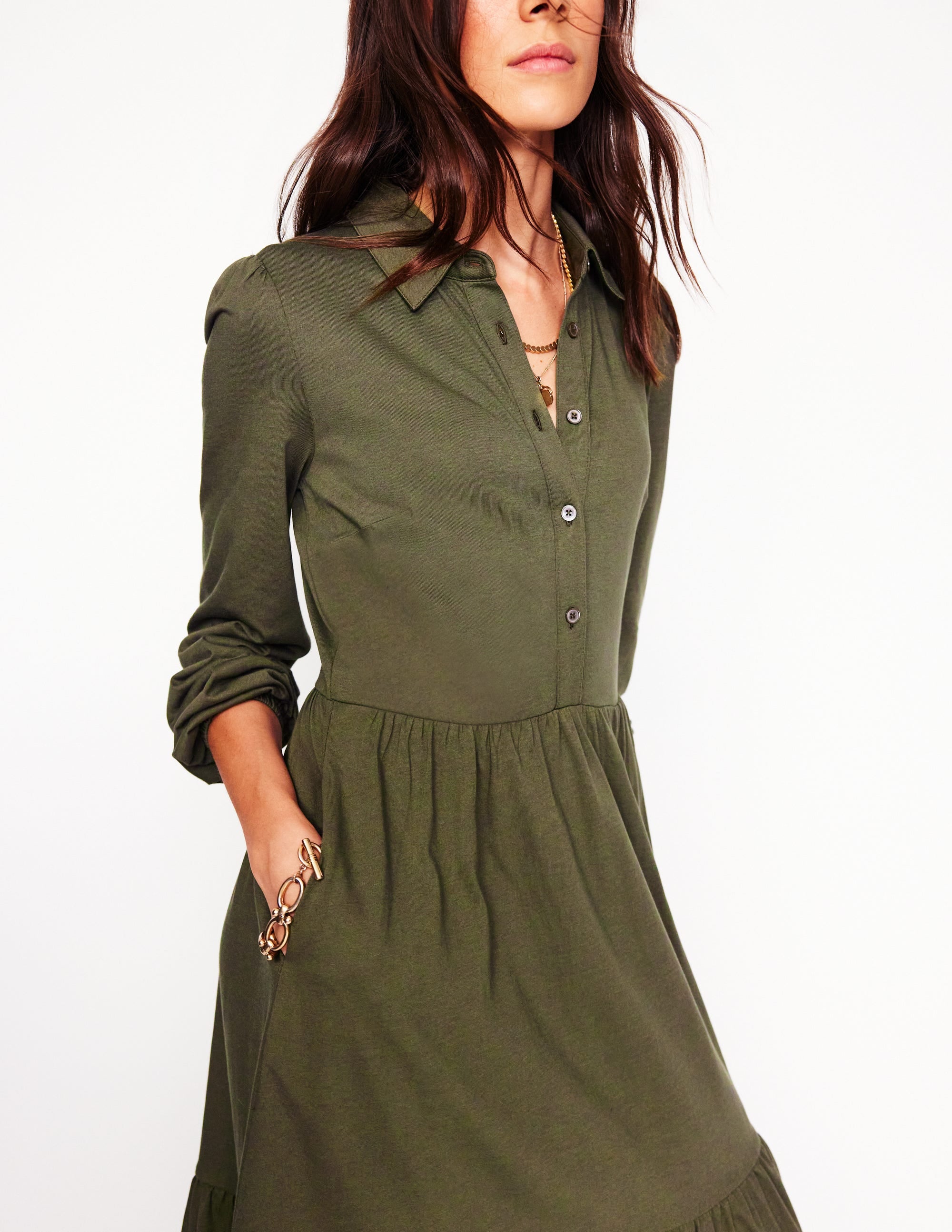 Jemima Tiered Jersey Dress-Classic Khaki - Image 2