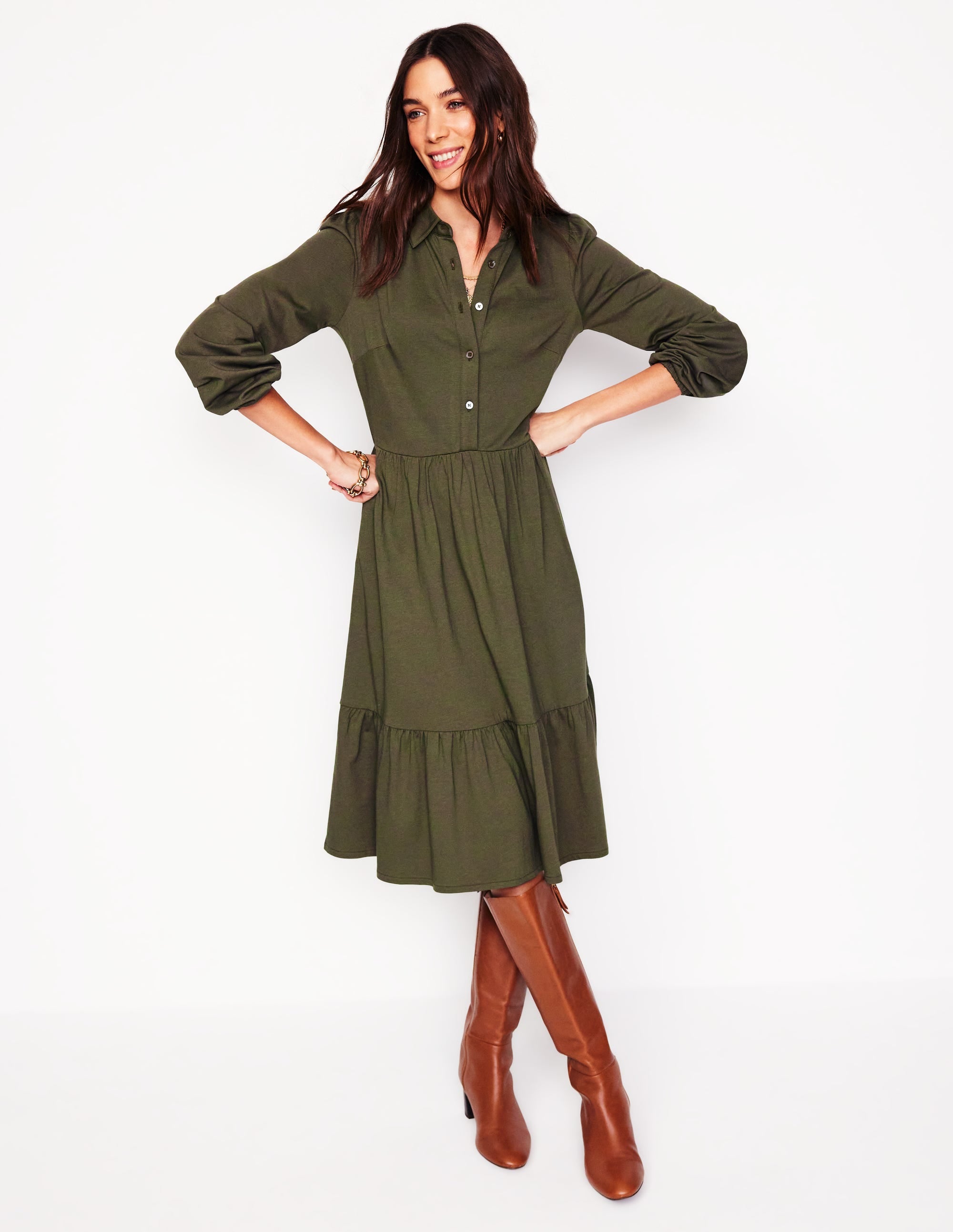 Jemima Tiered Jersey Dress-Classic Khaki - Image 4