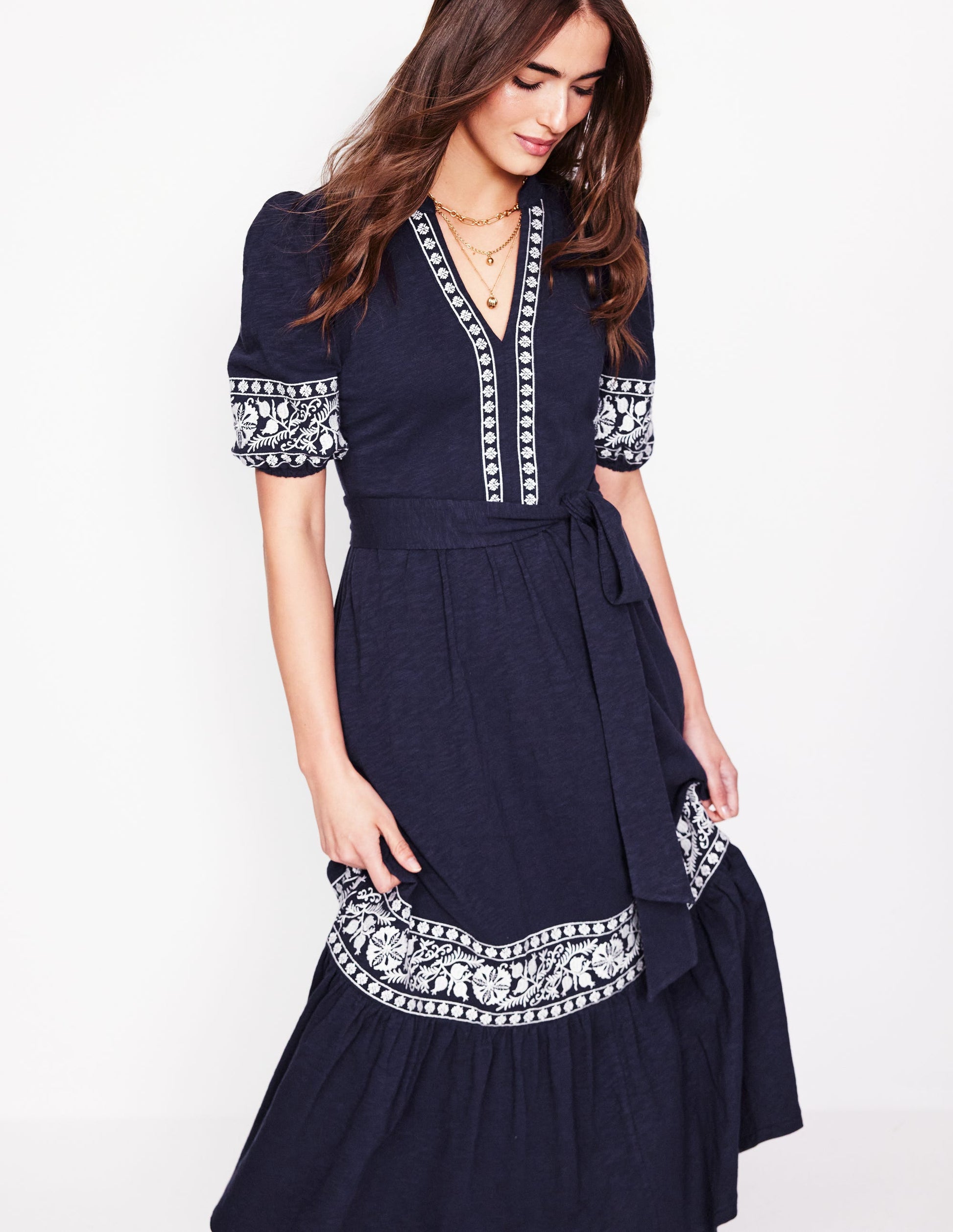 Amara Embroidered Jersey Dress-Navy Embroidery | Boden UK Amara Embroidered Jersey Dress-Navy Embroidery | Boden UK