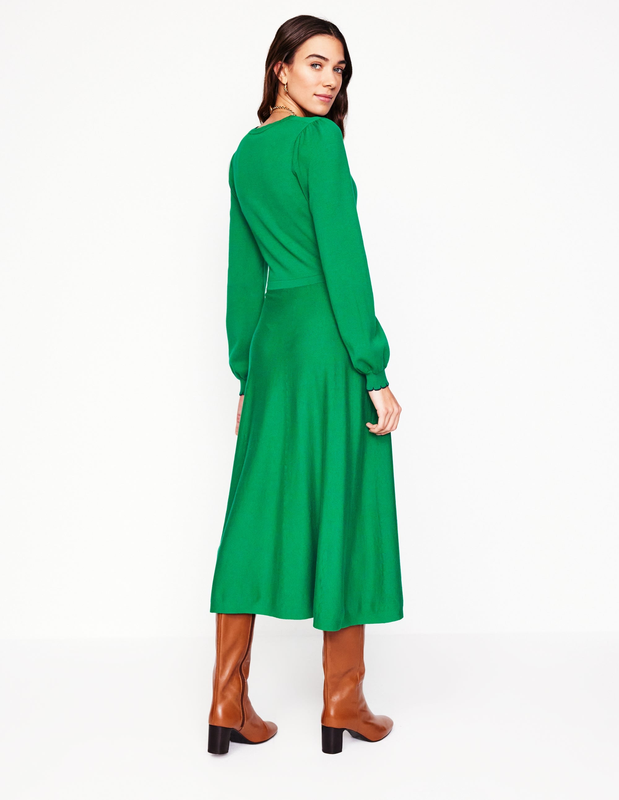 Scallop Henley Knitted Dress-Rich Emerald - Image 4