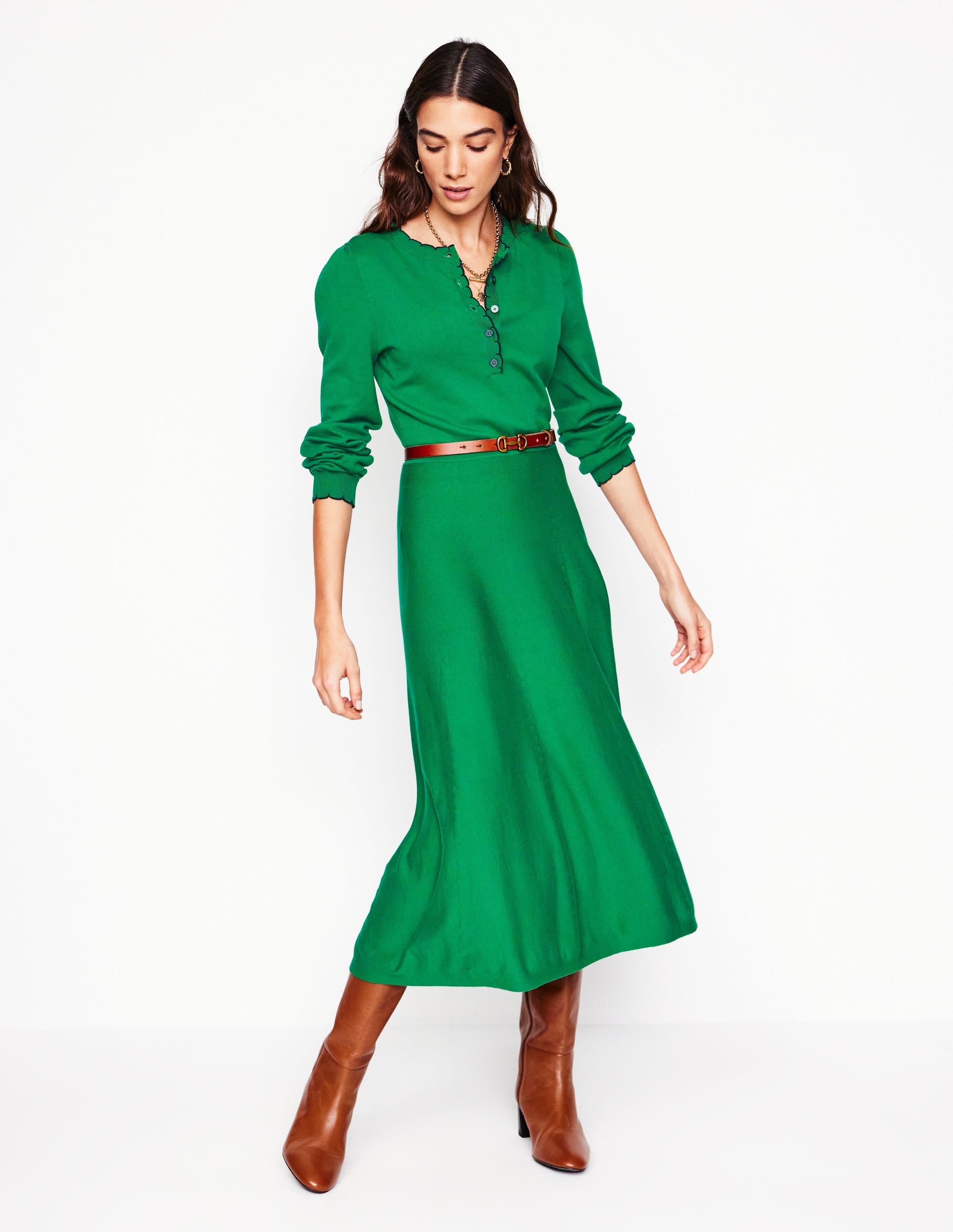Scallop Henley Knitted Dress-Rich Emerald - Image 5