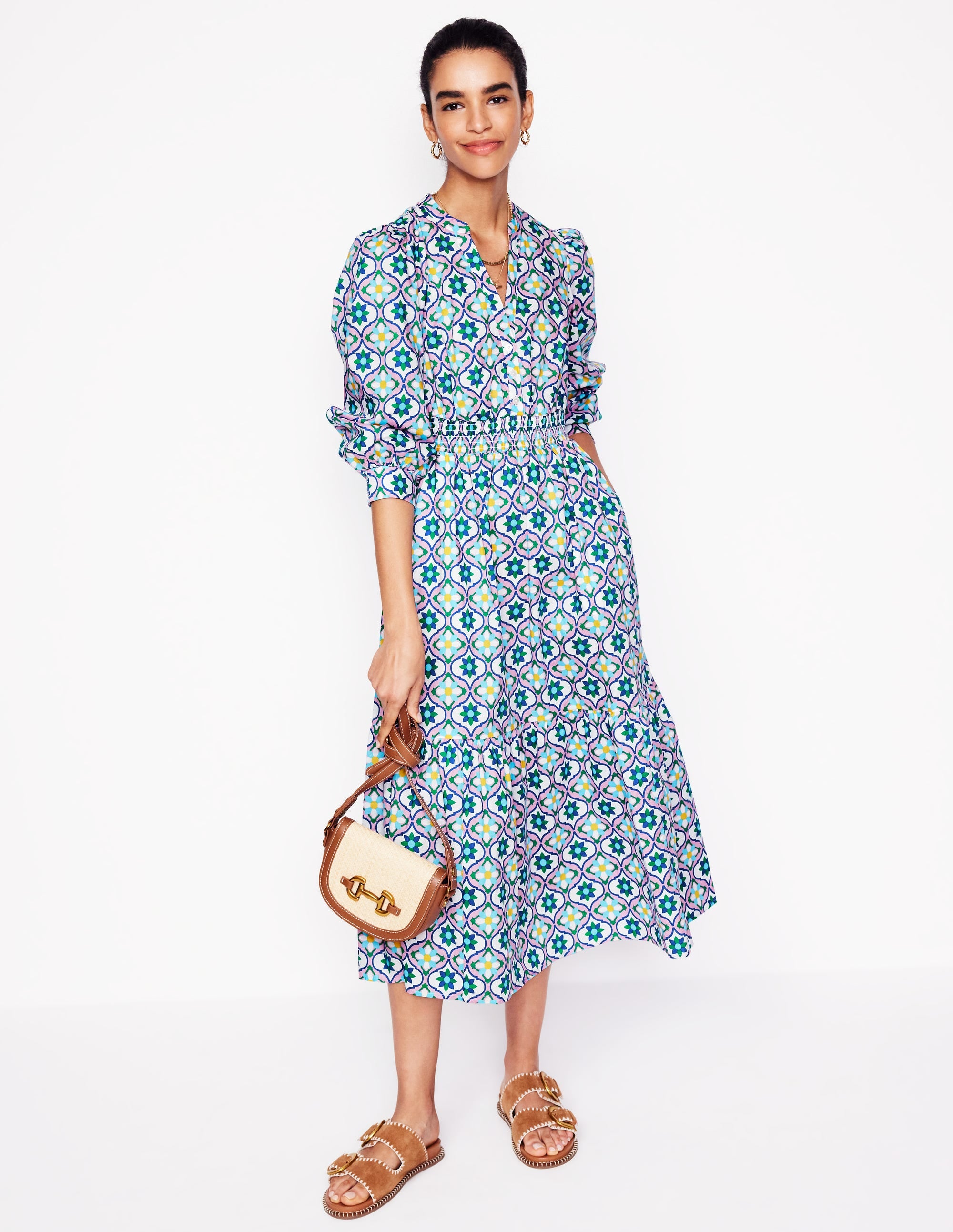 Elena Tiered Cotton Midi Dress-Multi, Floweret Tile - Image 1