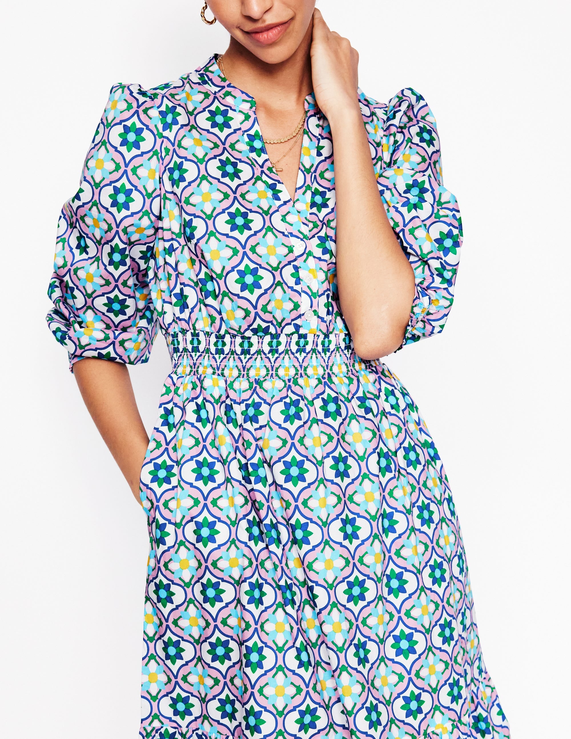 Elena Tiered Cotton Midi Dress-Multi, Floweret Tile - Image 2