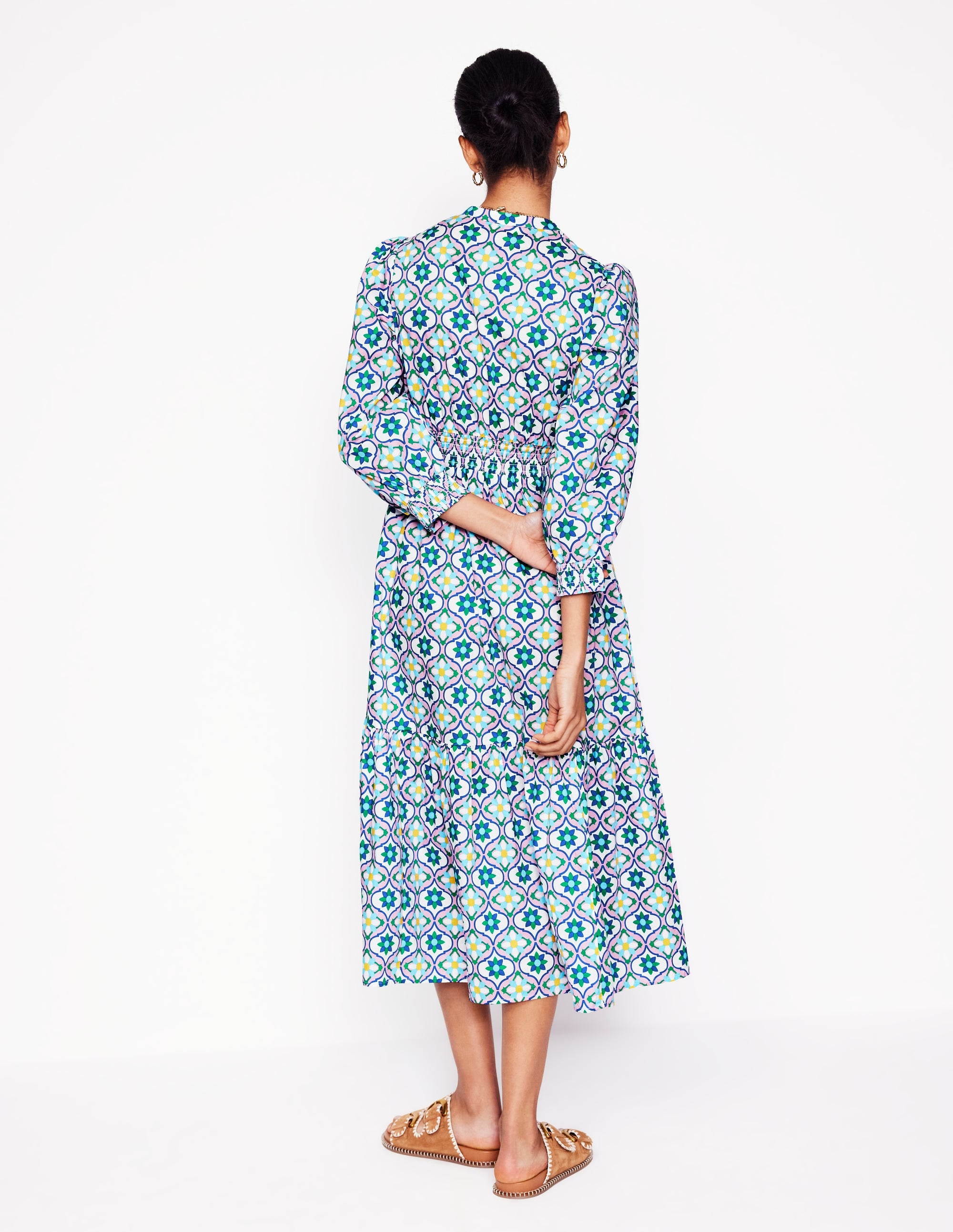 Elena Tiered Cotton Midi Dress-Multi, Floweret Tile - Image 3