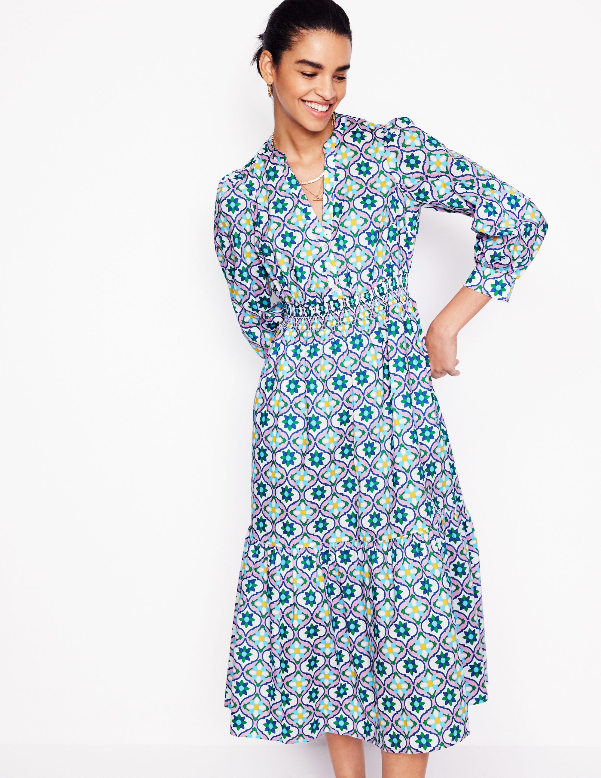 Elena Tiered Cotton Midi Dress-Multi, Floweret Tile - Image 4
