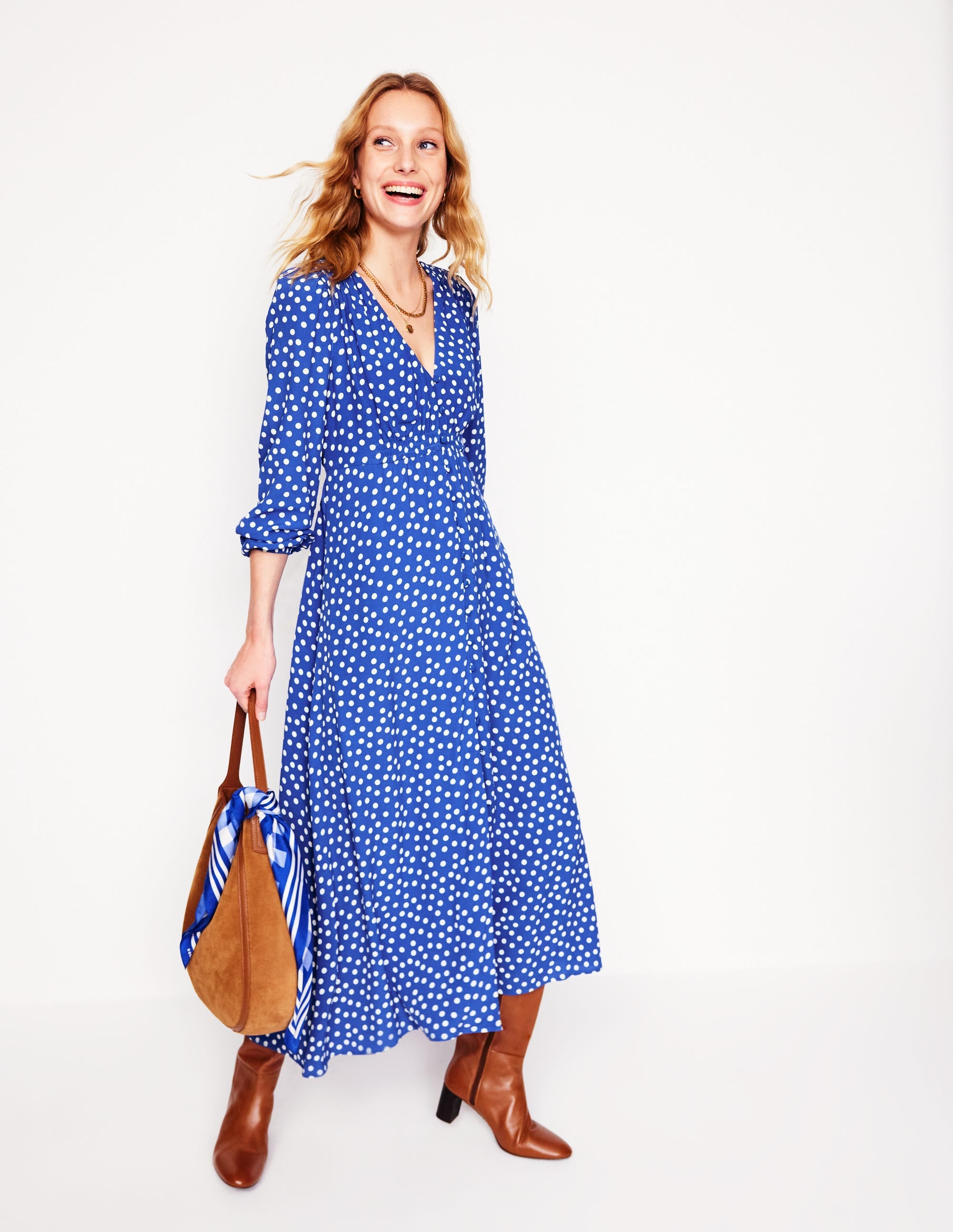 Cynthia Button Tea Dress-Bright Blue, Abstract Dot - Image 1