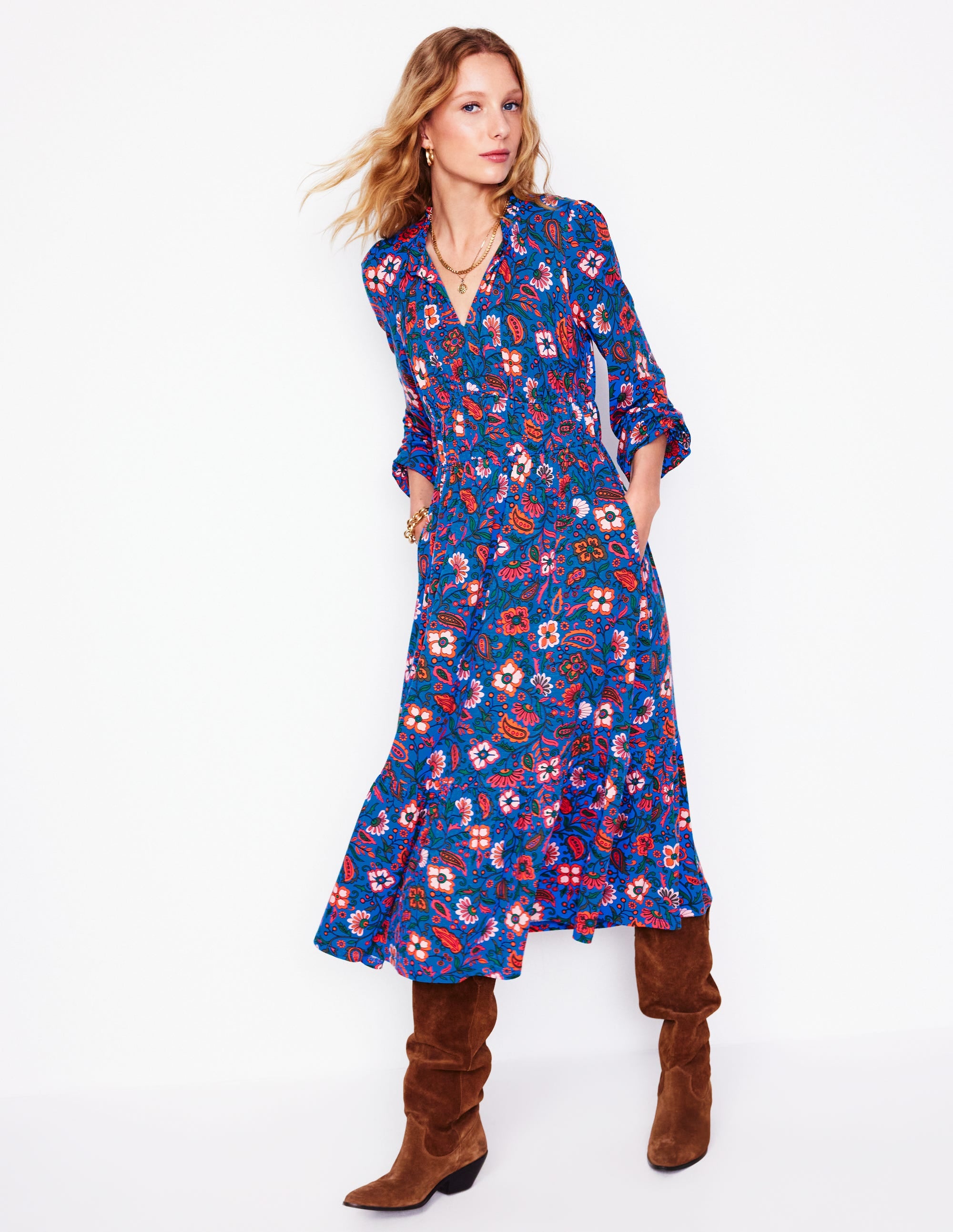 Rosamund Jersey Midi Tea Dress-Blue,Oriental Paradise - Image 1