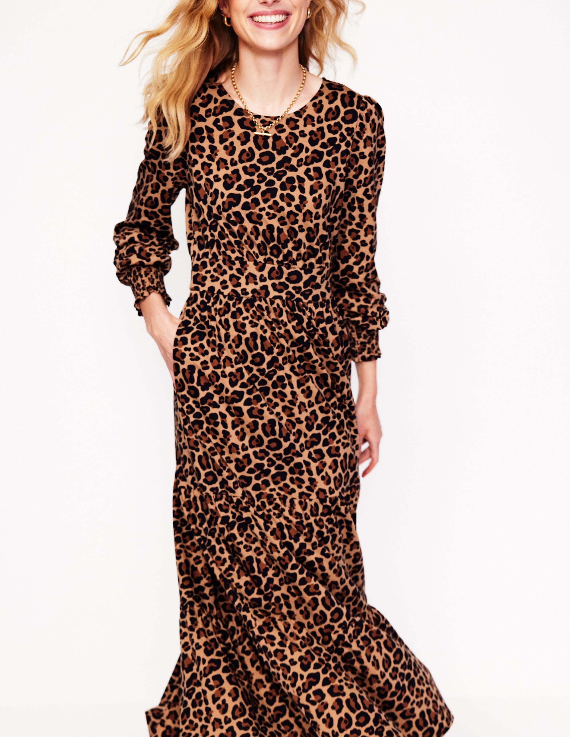 Tabitha Tiered Jersey Dress-Camel and Black, Cheetah Pop - Image 2
