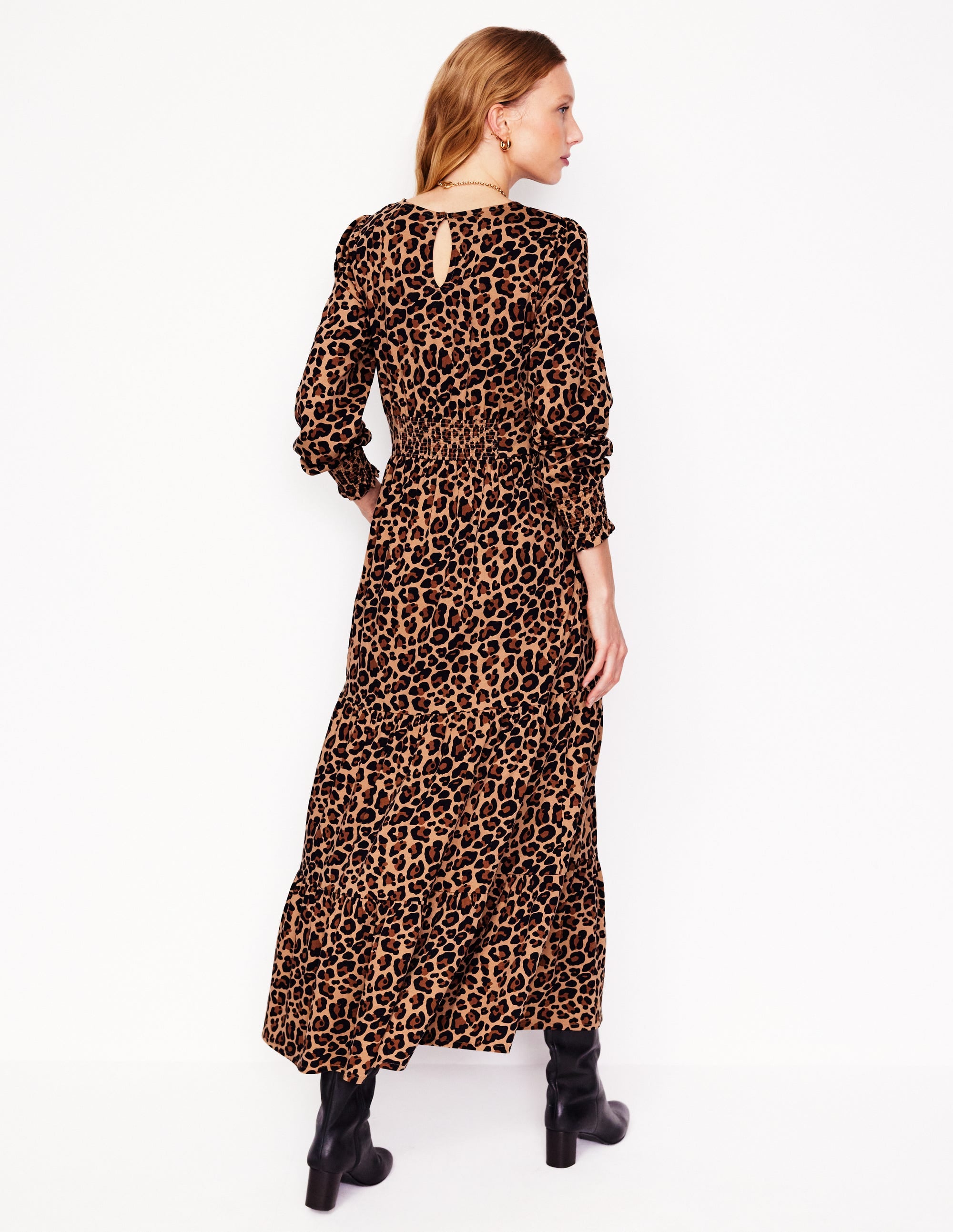 Tabitha Tiered Jersey Dress-Camel and Black, Cheetah Pop - Image 3
