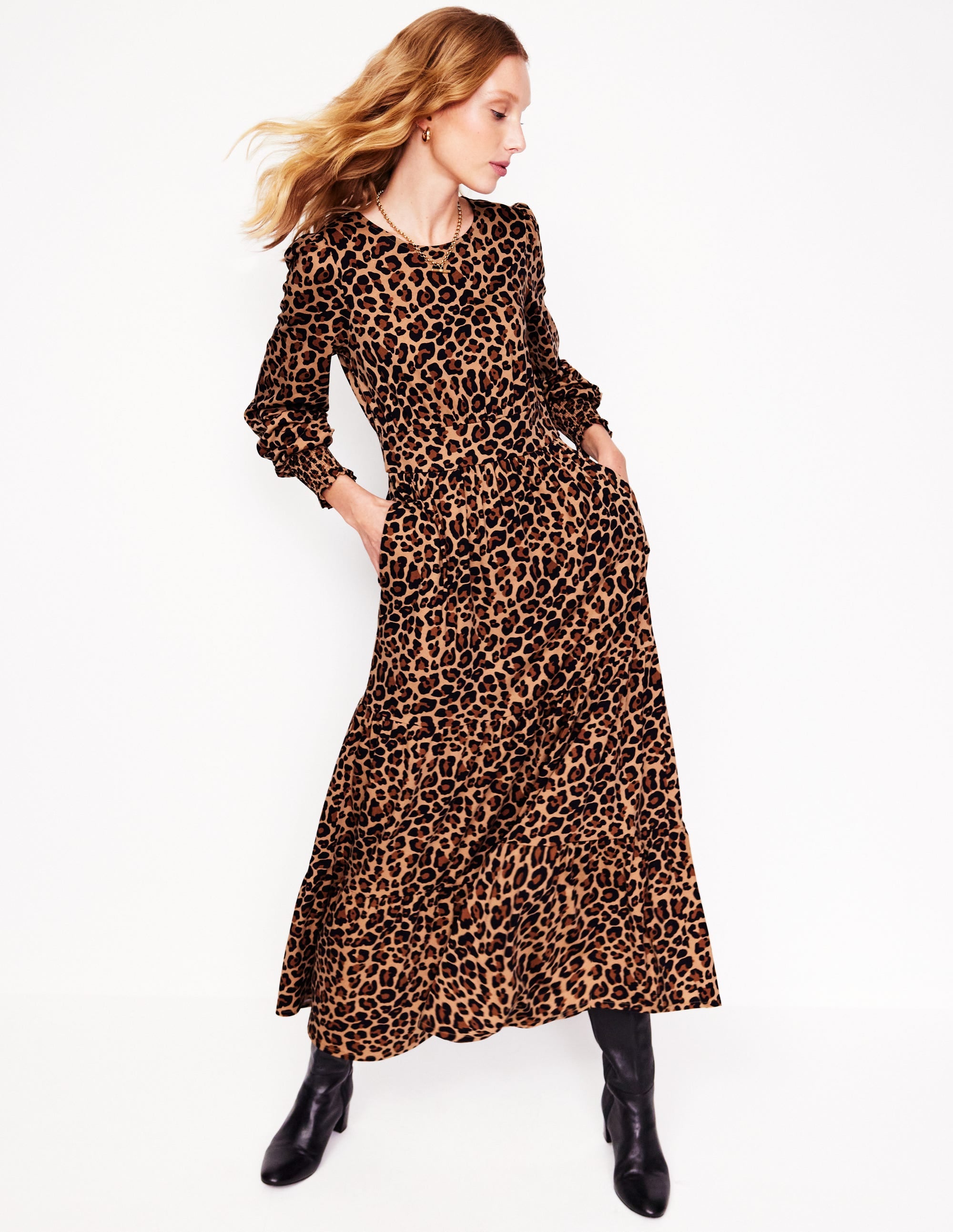 Tabitha Tiered Jersey Dress-Camel and Black, Cheetah Pop - Image 4