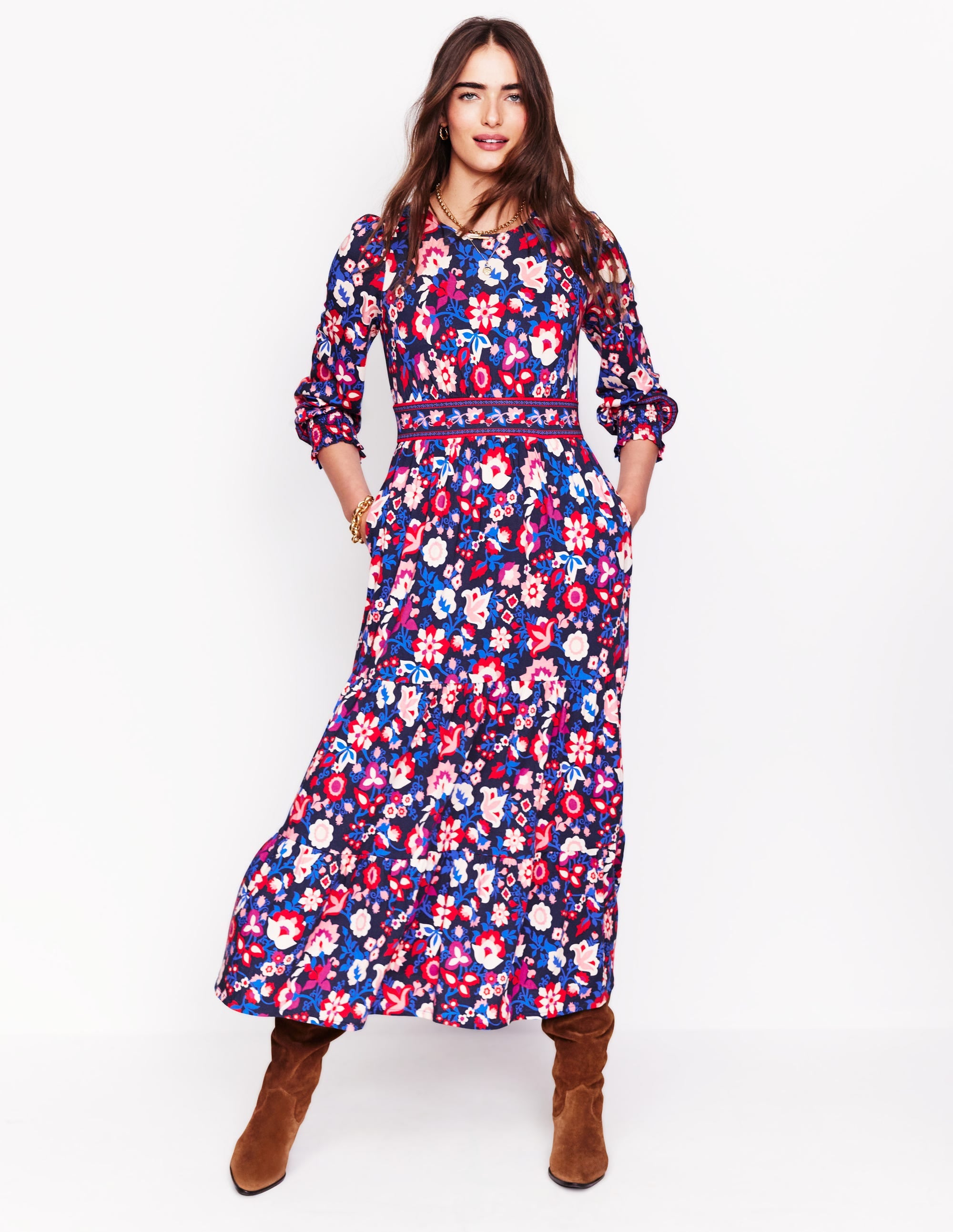 Tabitha Tiered Jersey Dress-College Navy, Garden Vine - Image 1