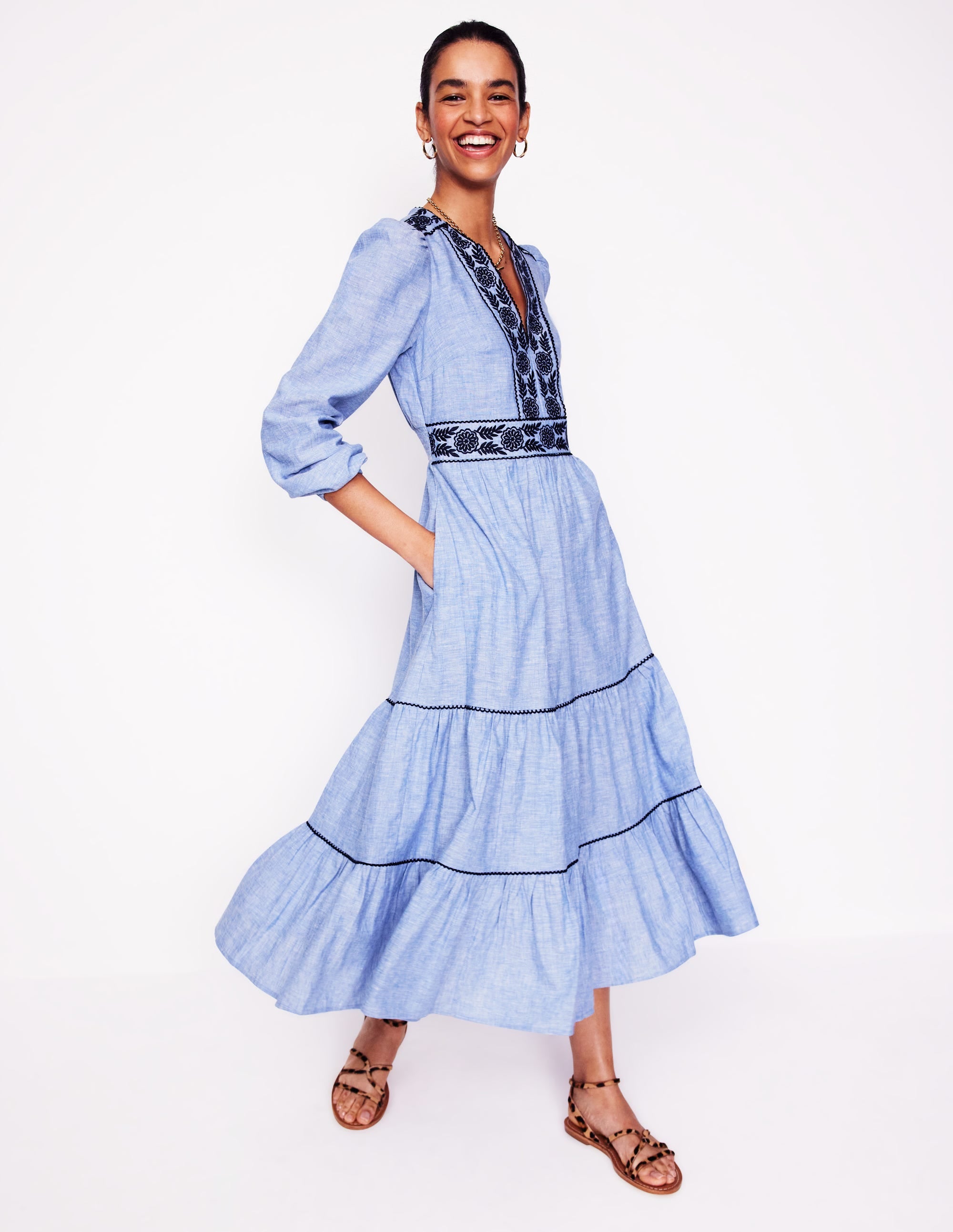 Violet Linen Blend Midi Dress-Chambray - Image 1
