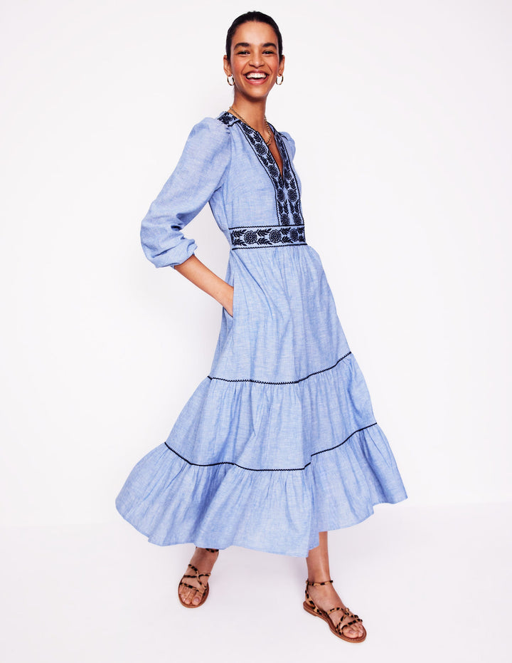 Violet Linen Blend Midi Dress-Chambray