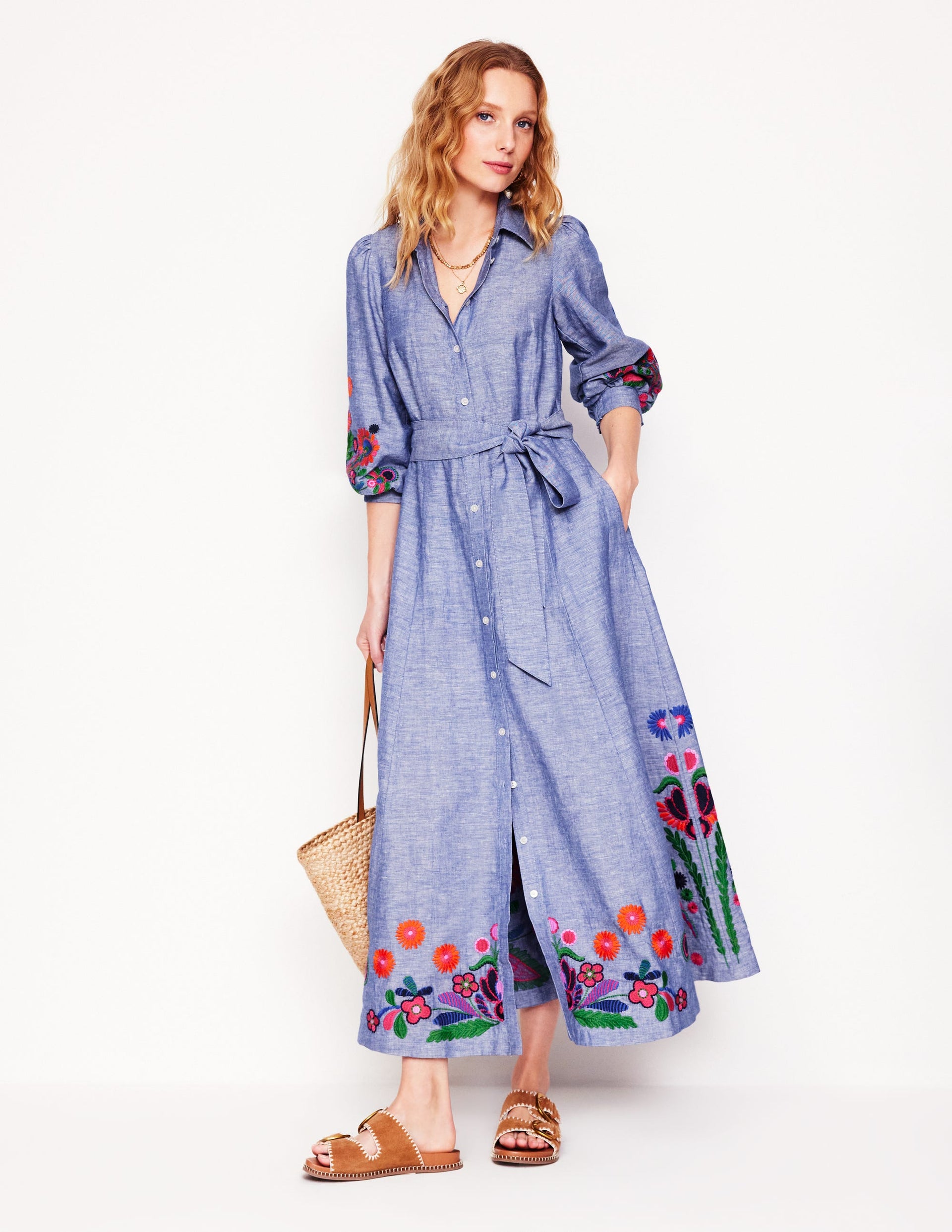 Clara Linen Blend Shirt Dress-Blue Chambray, Embroidered Boden AU
