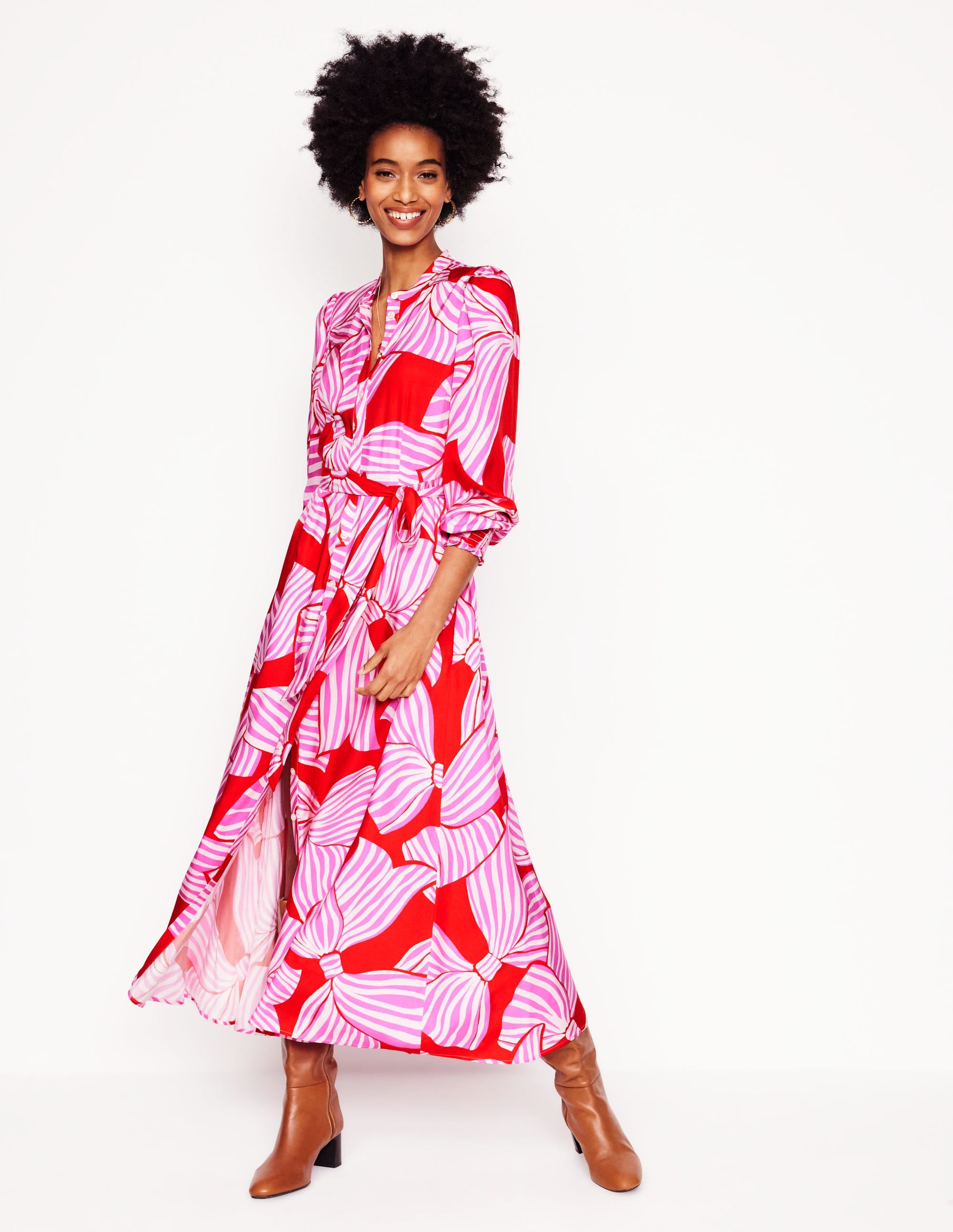 Ruby Collarless Shirt Dress-Rouge, Bow Scatter - Image 2