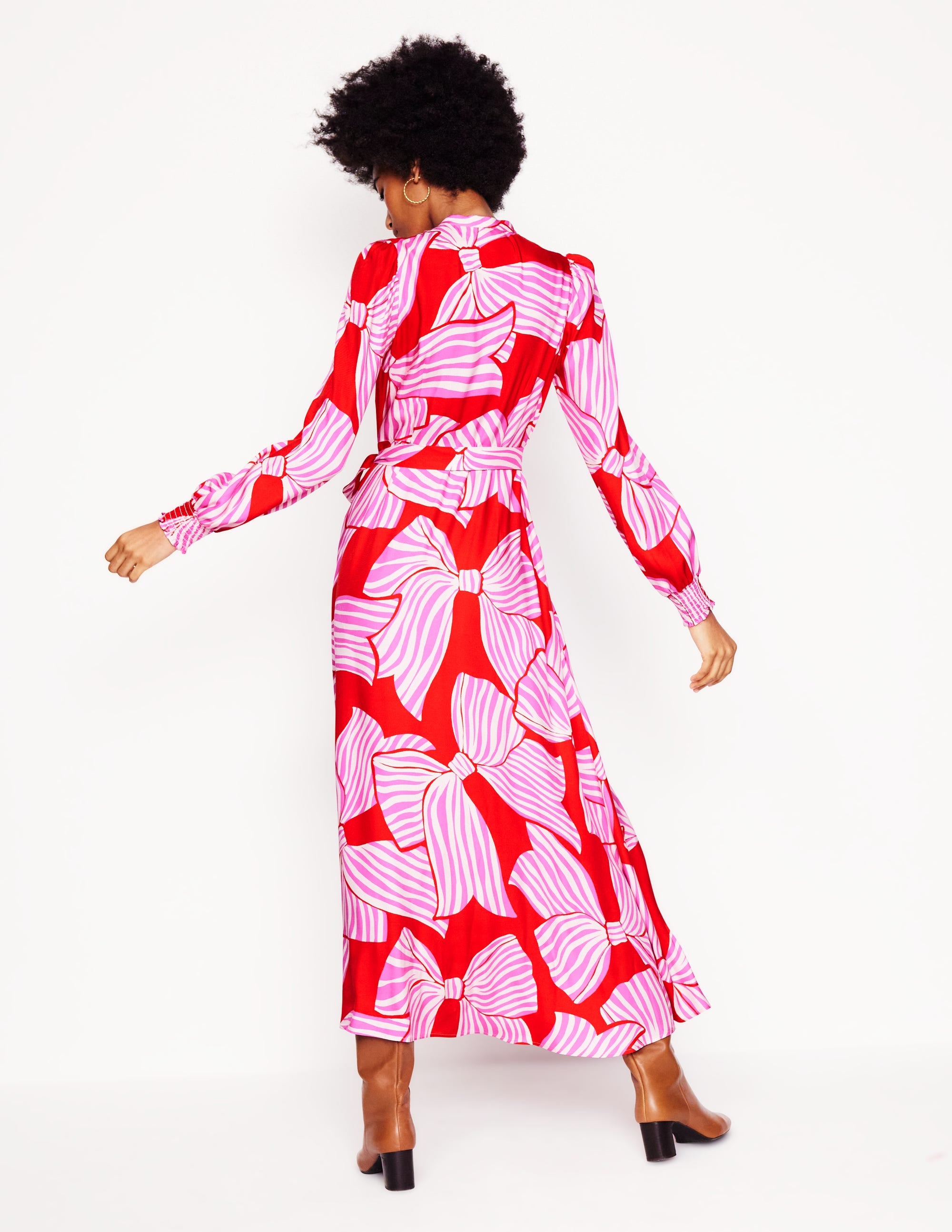 Ruby Collarless Shirt Dress-Rouge, Bow Scatter - Image 3