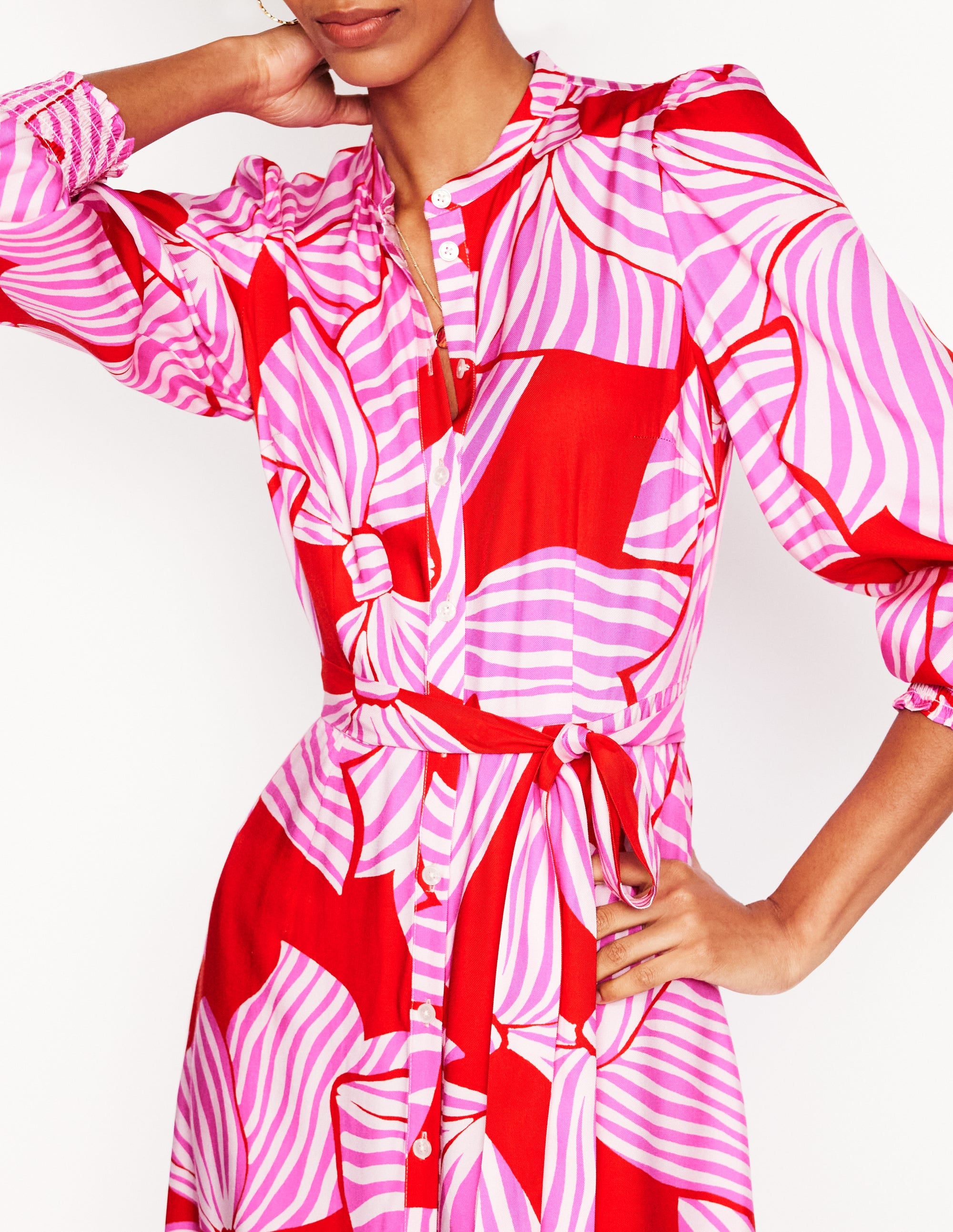 Ruby Collarless Shirt Dress-Rouge, Bow Scatter - Image 4