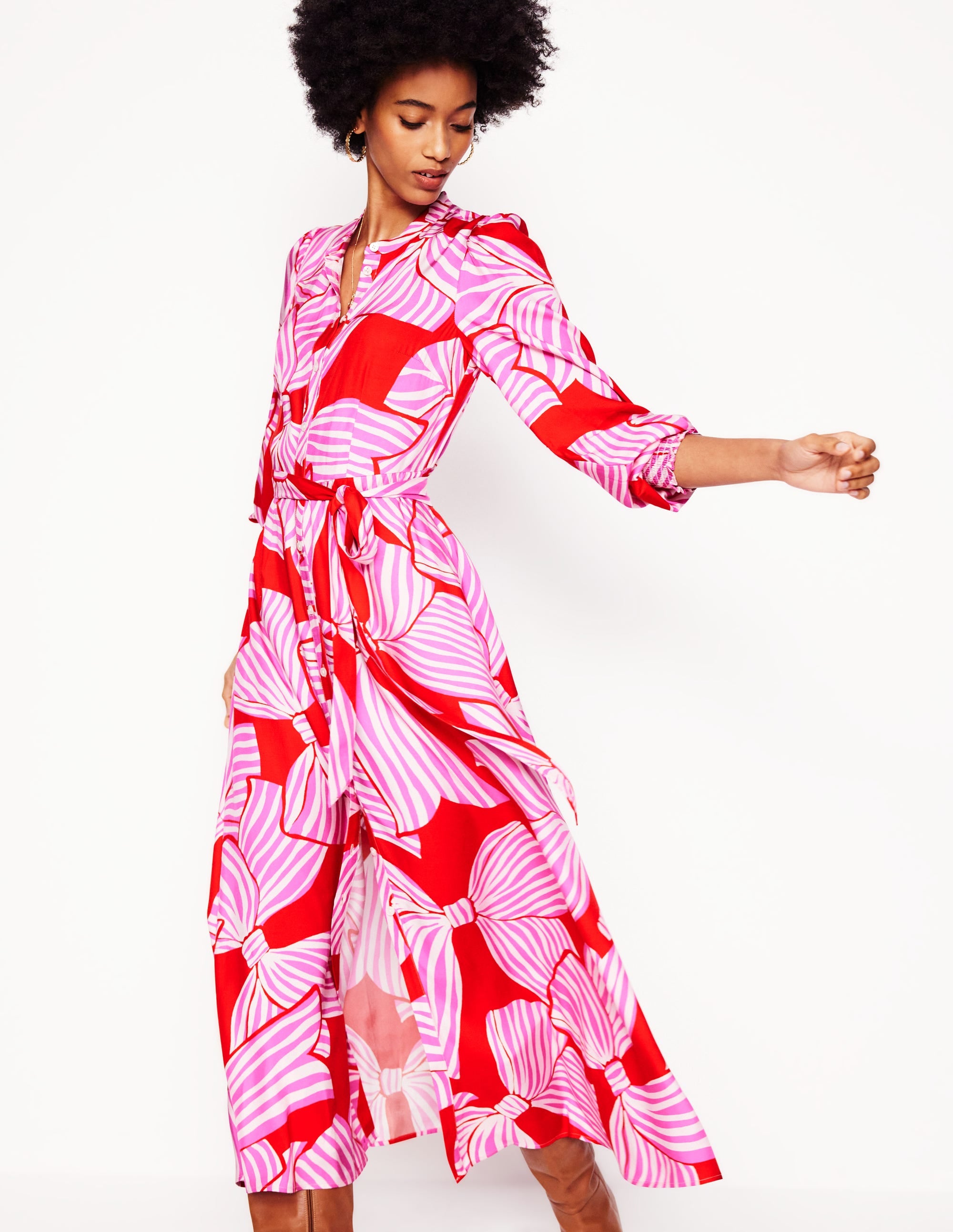 Ruby Collarless Shirt Dress-Rouge, Bow Scatter - Image 5
