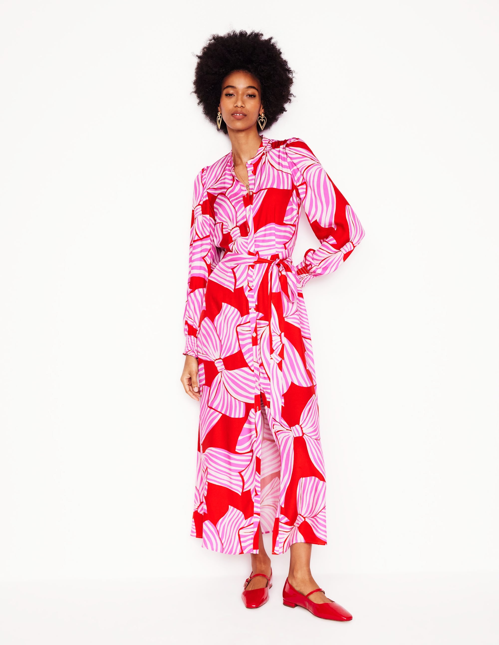 Ruby Collarless Shirt Dress-Rouge, Bow Scatter - Image 8