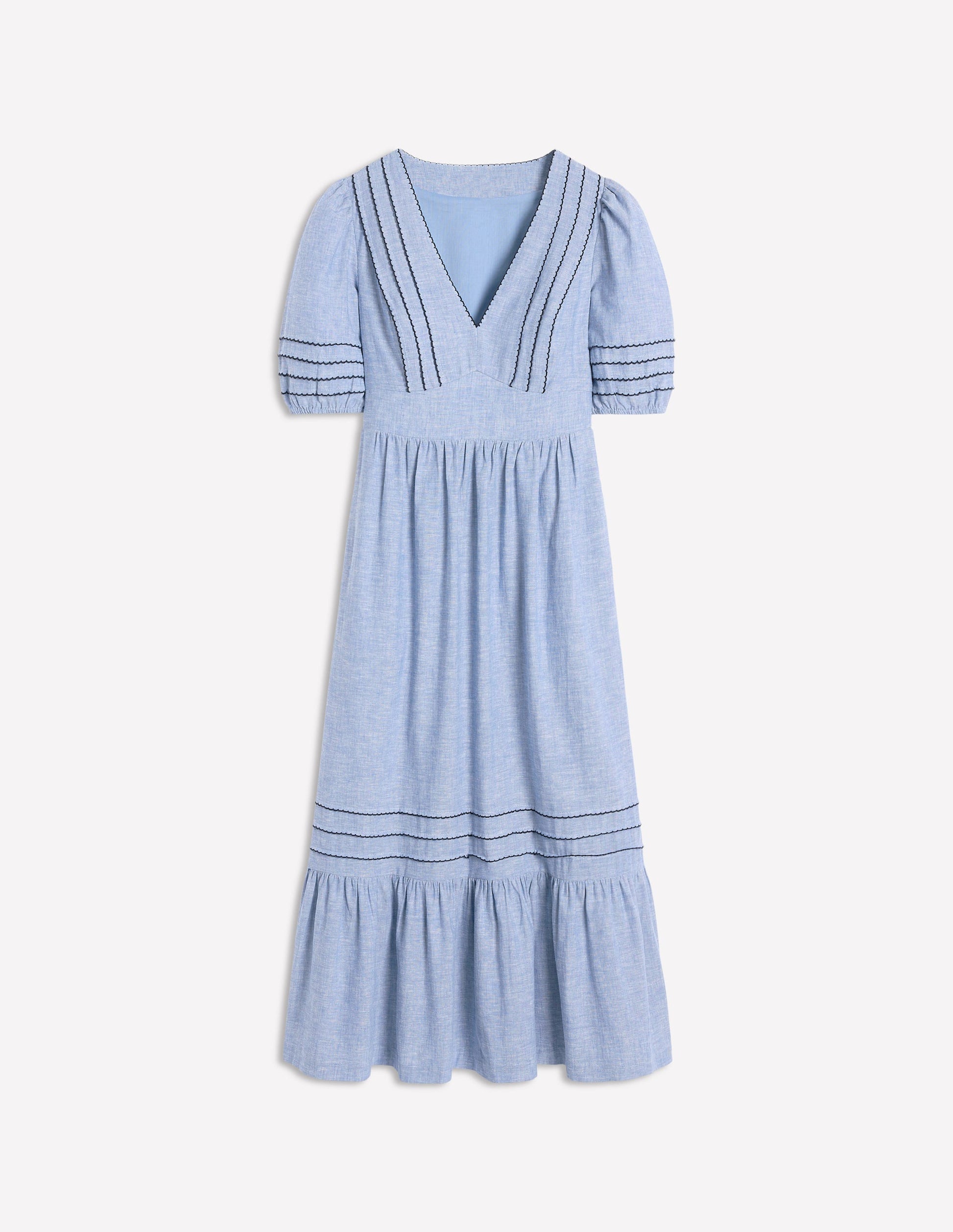 Smocked Waist Linen Dress-Grey Blue Chambray-5