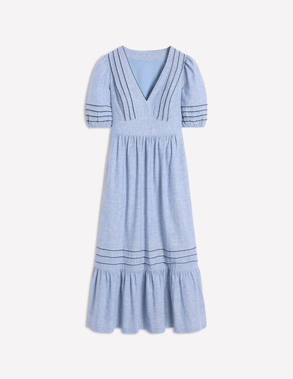 Smocked Waist Linen Dress-Grey Blue Chambray-5