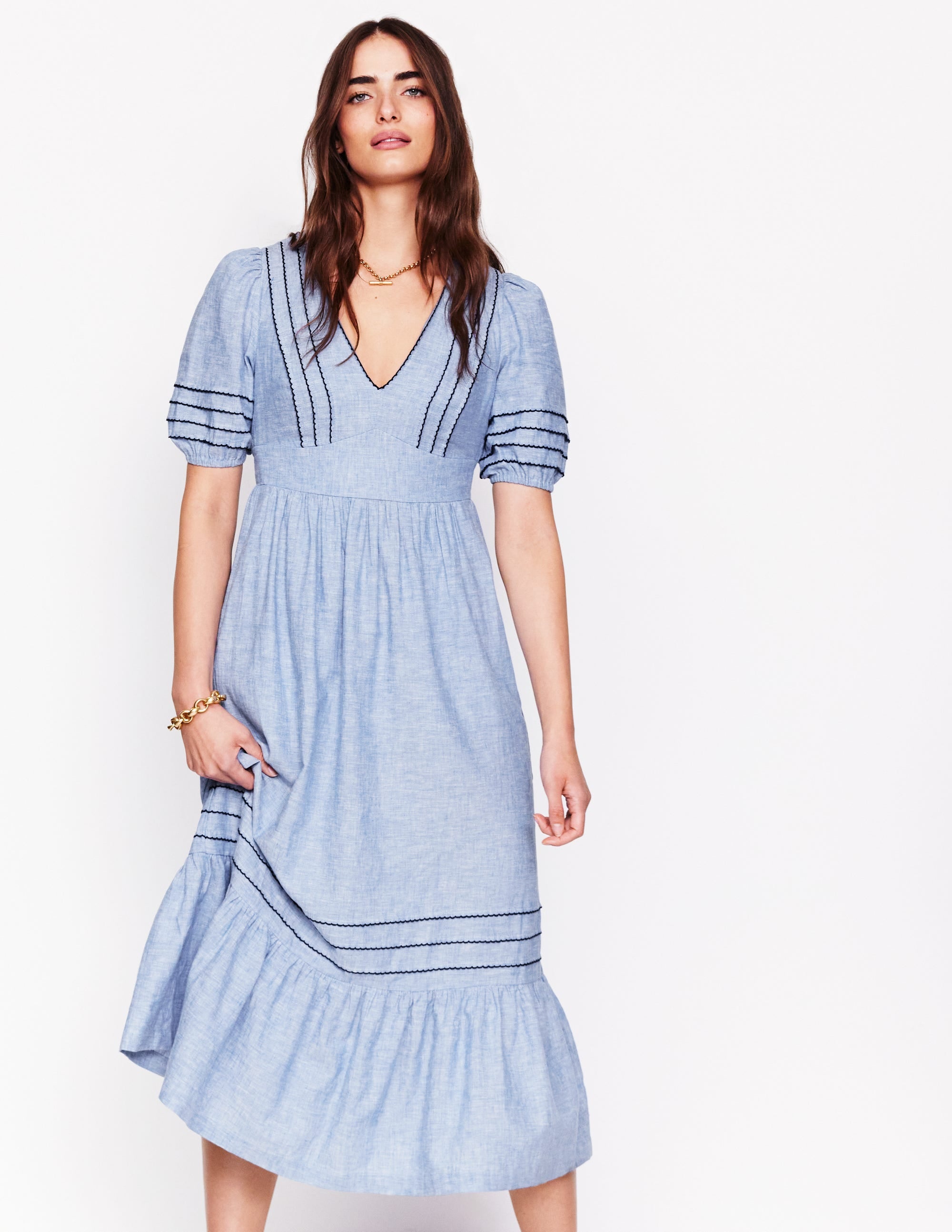 Smocked Waist Linen Dress-Grey Blue Chambray - Image 1