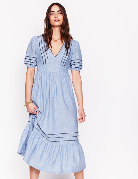 Gathered waist Linen Dress | Green