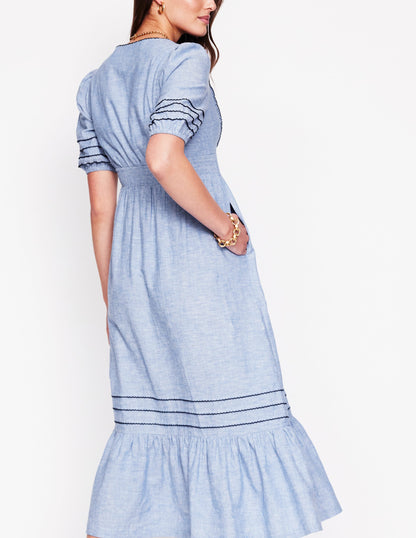 Smocked Waist Linen Dress-Grey Blue Chambray-3