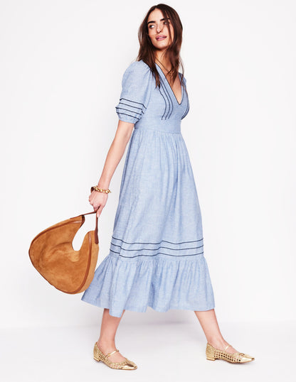 Smocked Waist Linen Dress-Grey Blue Chambray-4