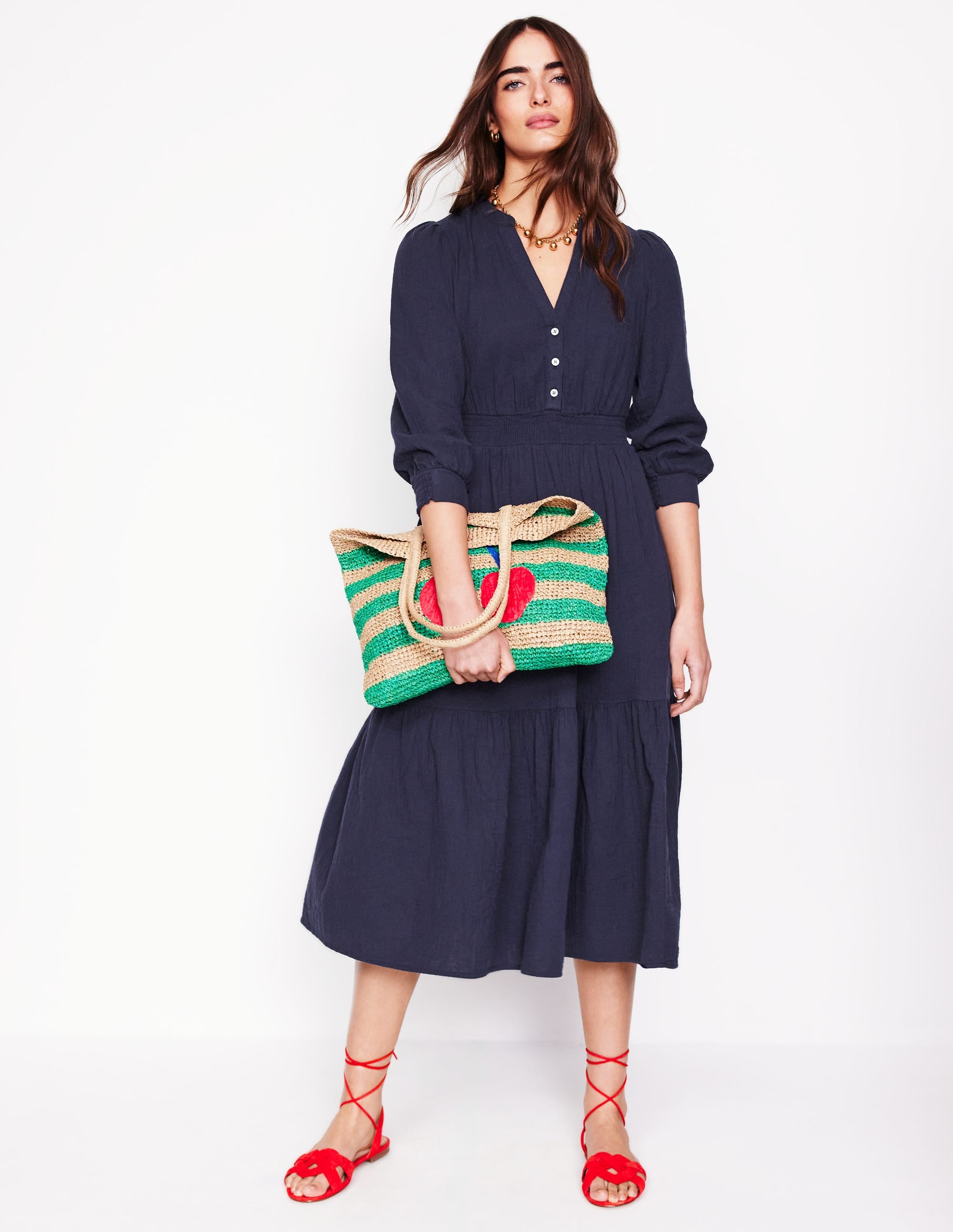 Elena Double Cloth Midi Dress-Navy - Image 1