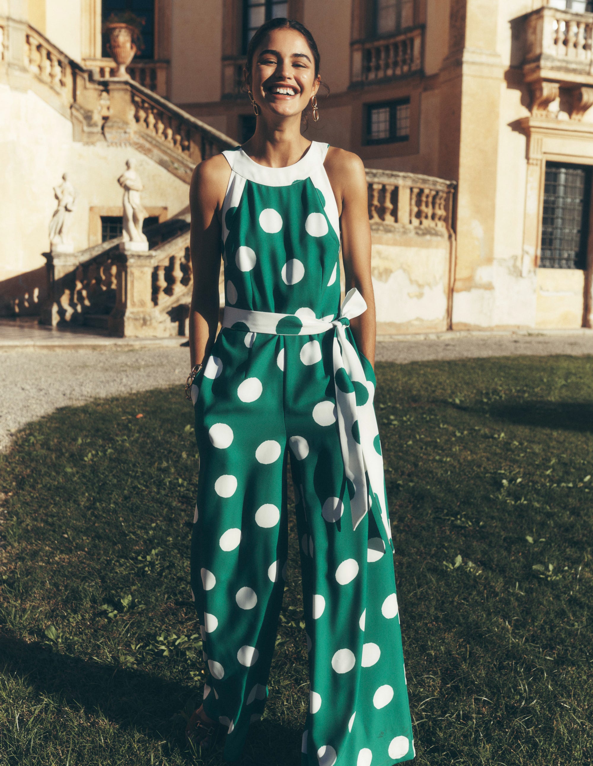 Colourblock Halter Jumpsuit-Rich Emerald, Abstract Dot - Image 2